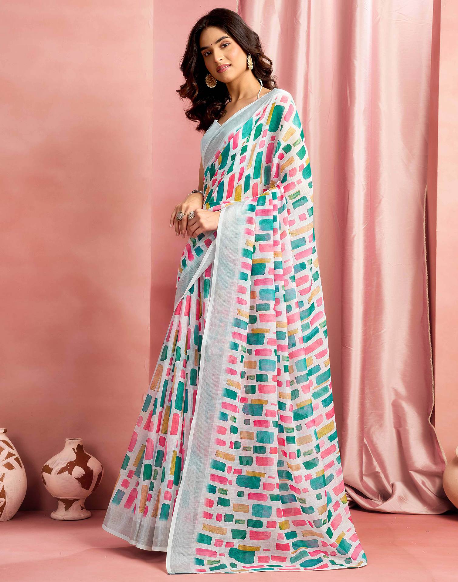 White Cotton Linen Printed Saree - Image 4