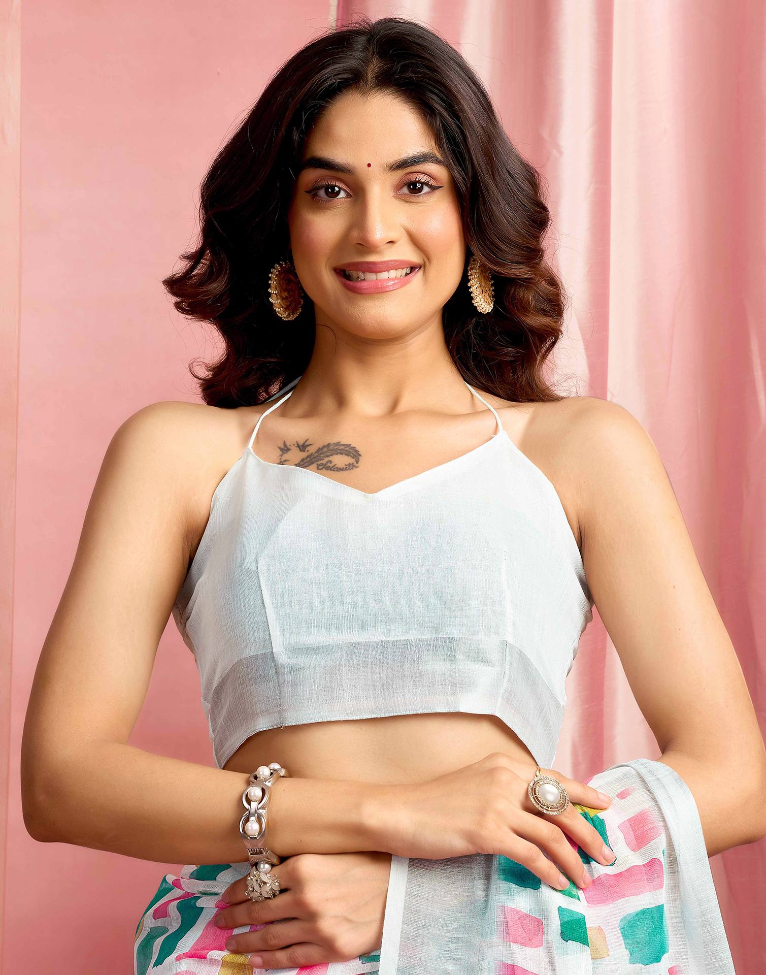 White Cotton Linen Printed Saree - Image 8