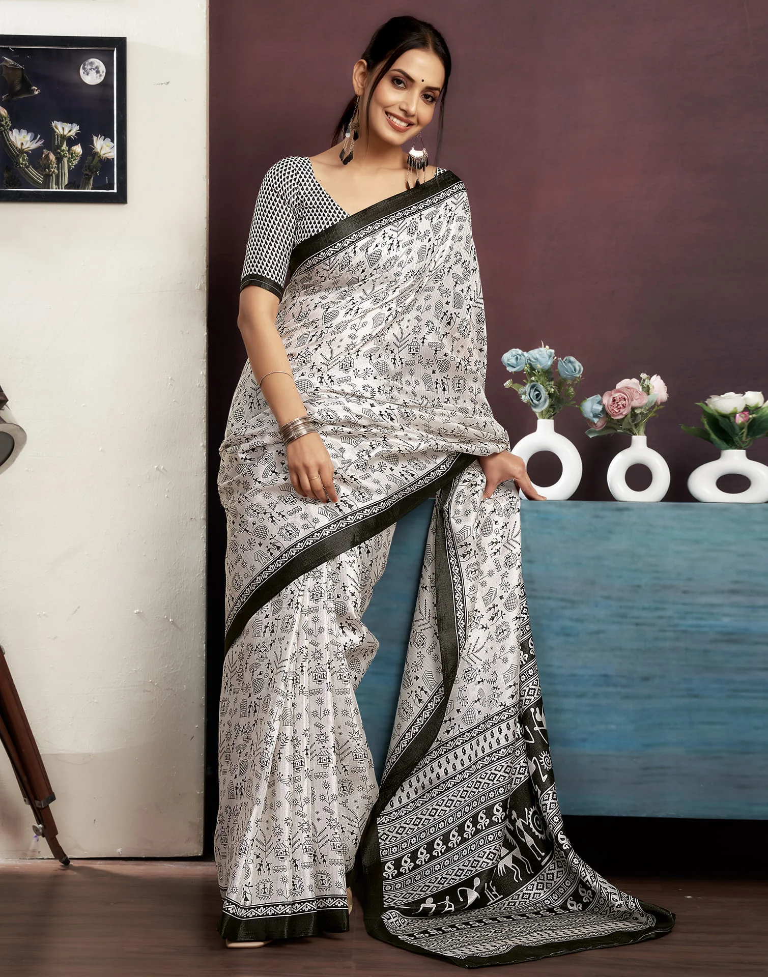 White Cotton Blend Printed Saree - Image 7