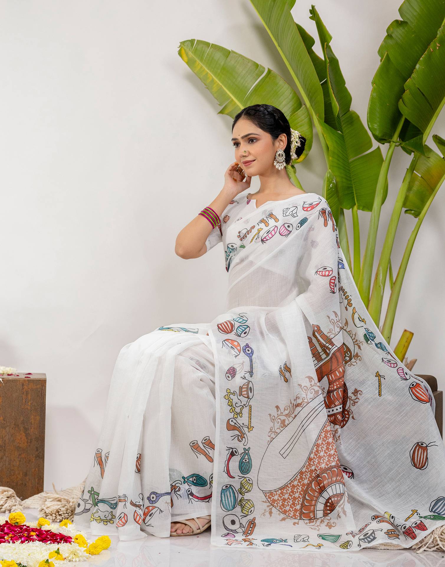 White Cotton Printed Saree - Image 10
