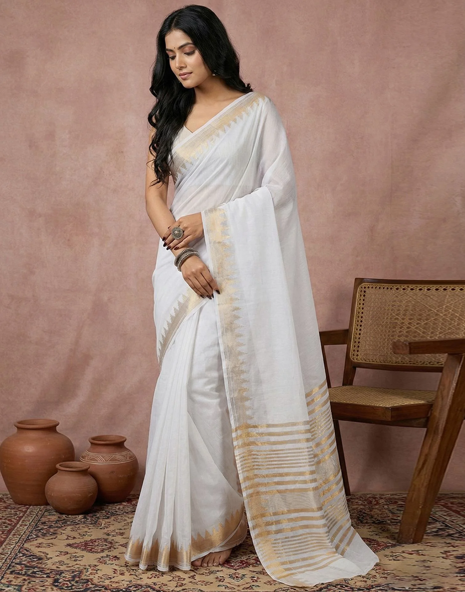 White Cotton Silk Woven Border Saree - Image 2