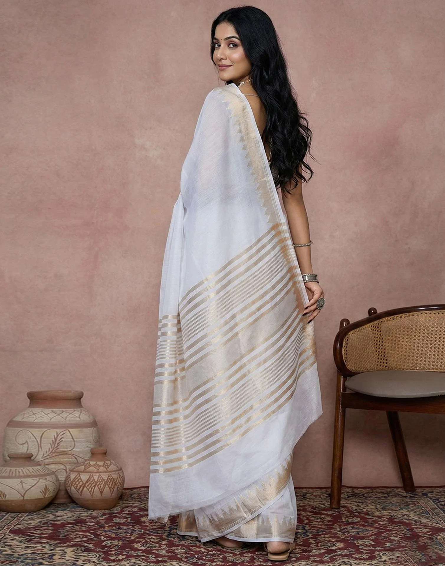 White Cotton Silk Woven Border Saree - Image 5