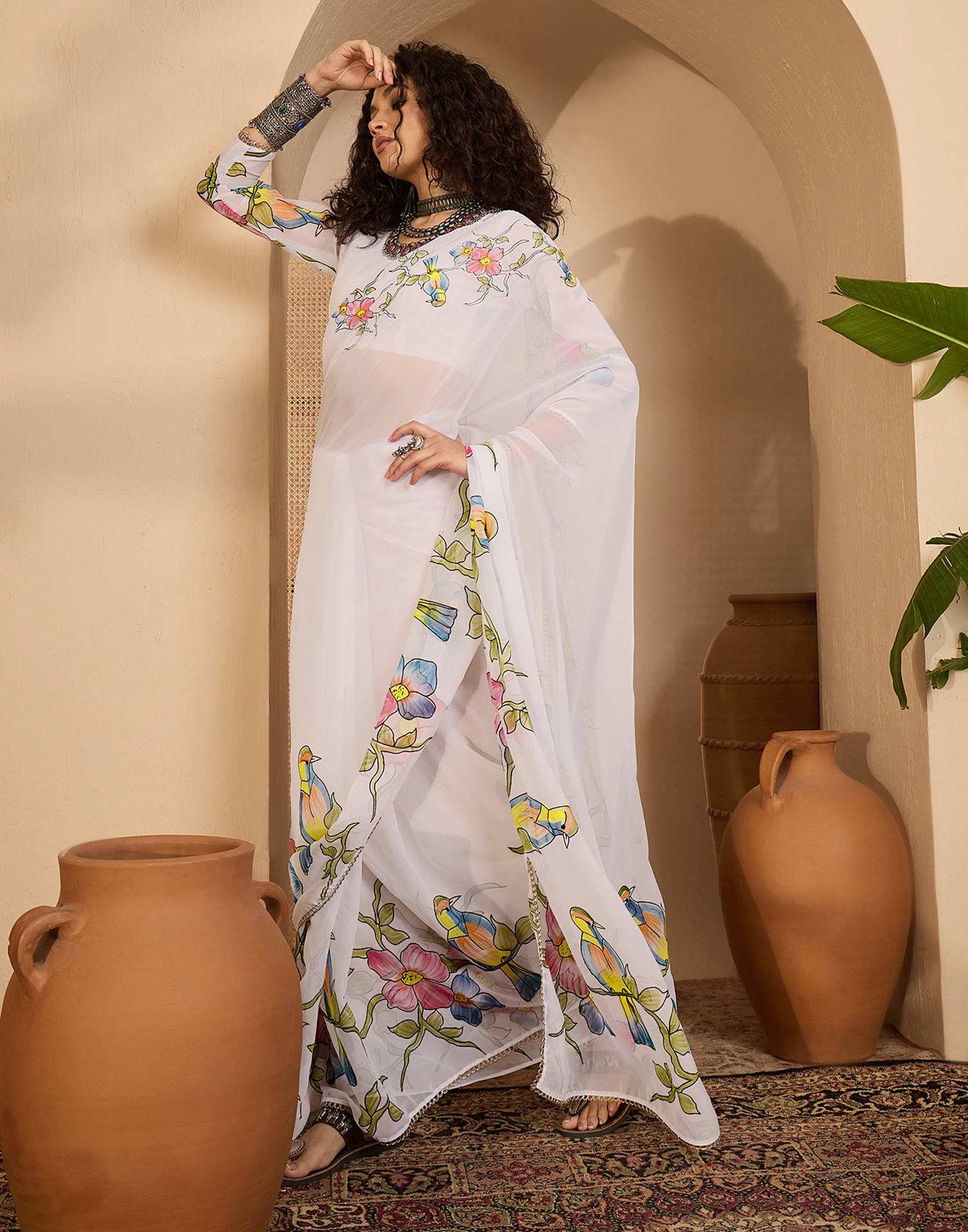 White Georgette Floral Printed Saree - Image 5