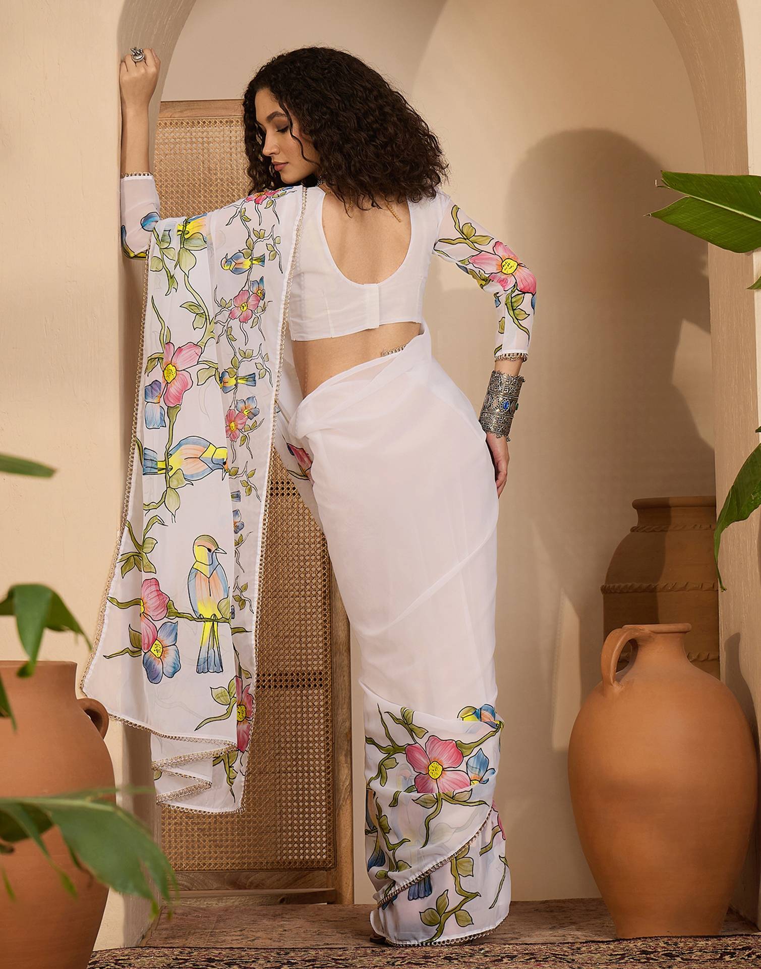 White Georgette Floral Printed Saree - Image 6