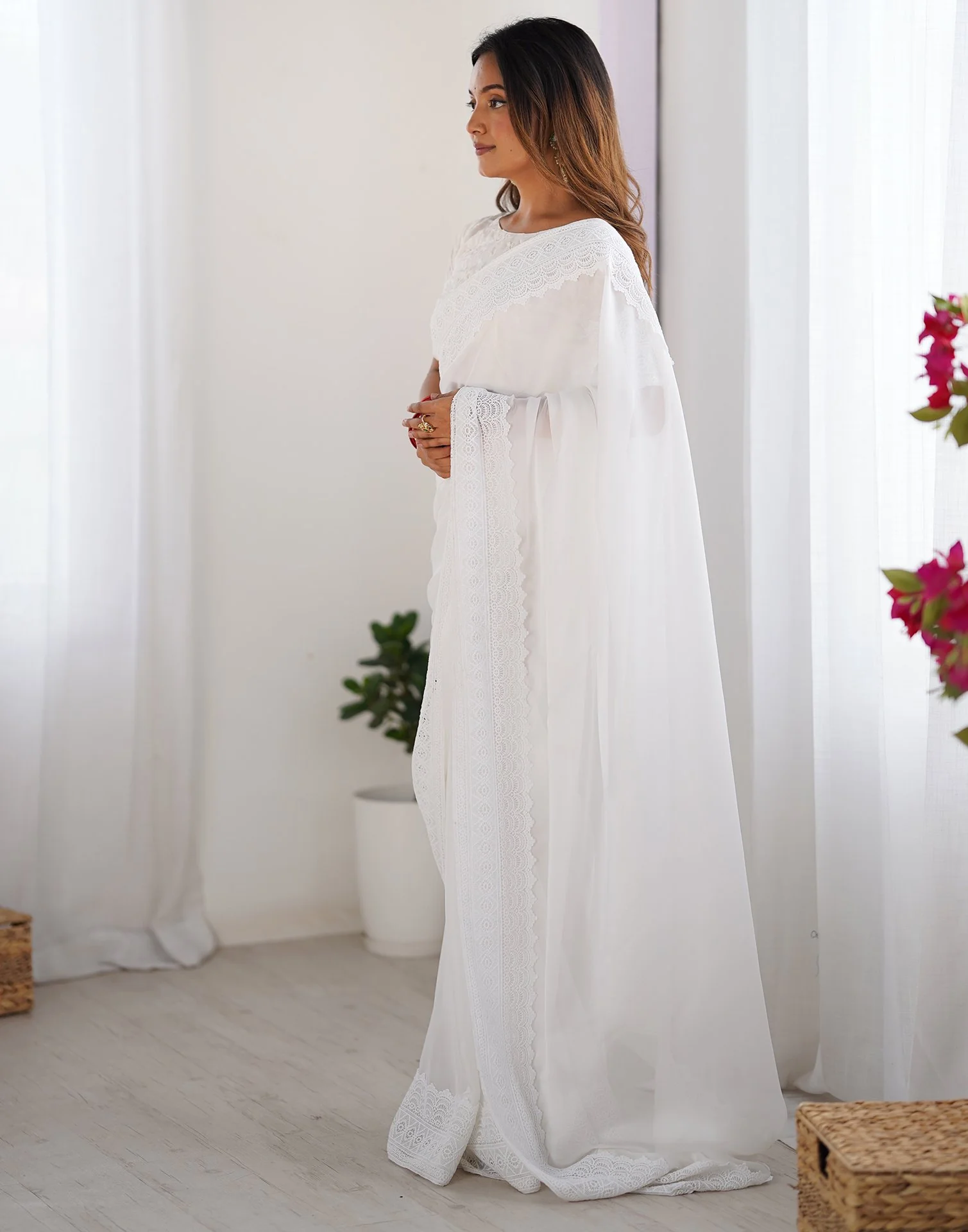 White Georgette Lace Saree - Image 4
