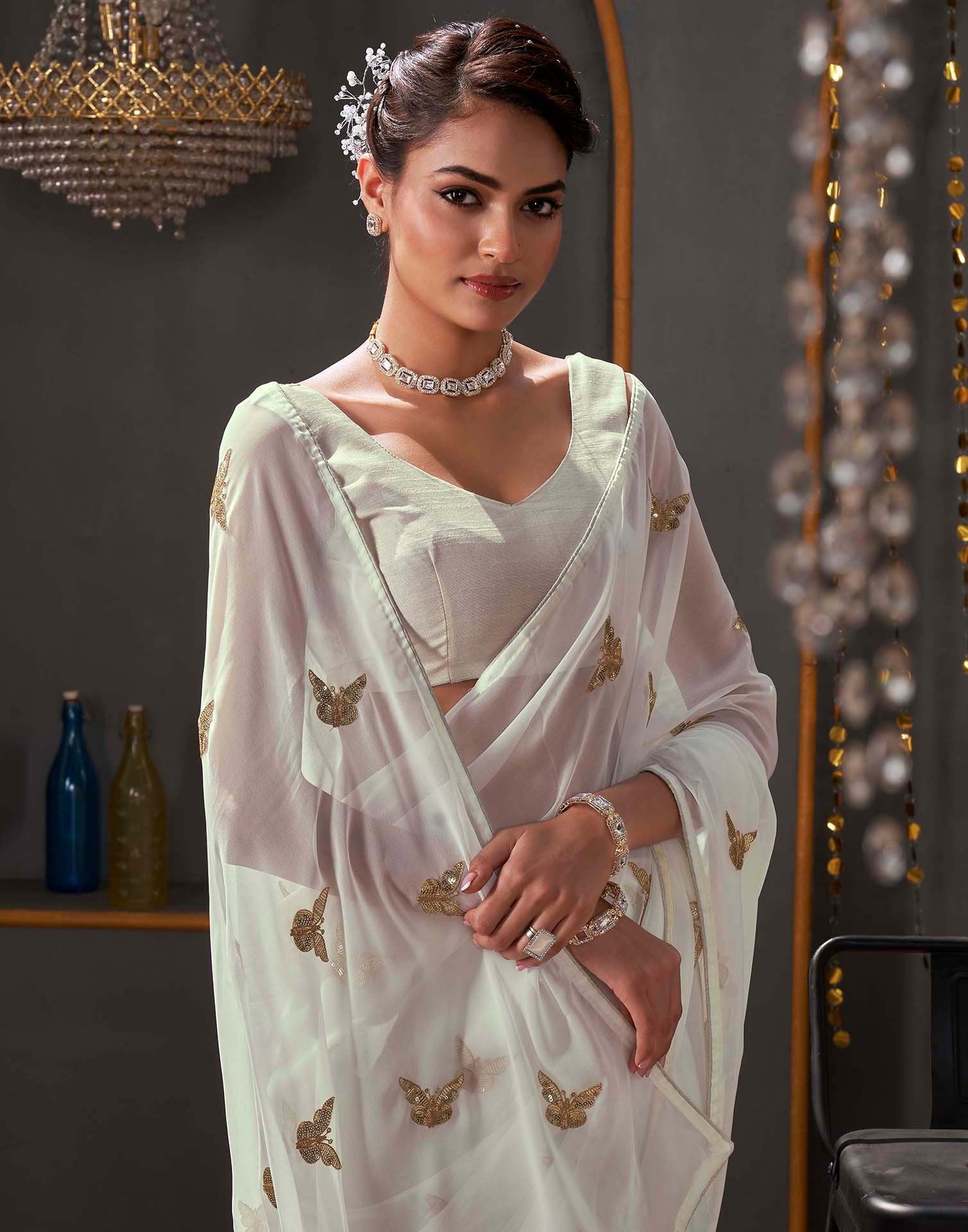 Tina Datta White Sequence Embroidery Saree - Image 5