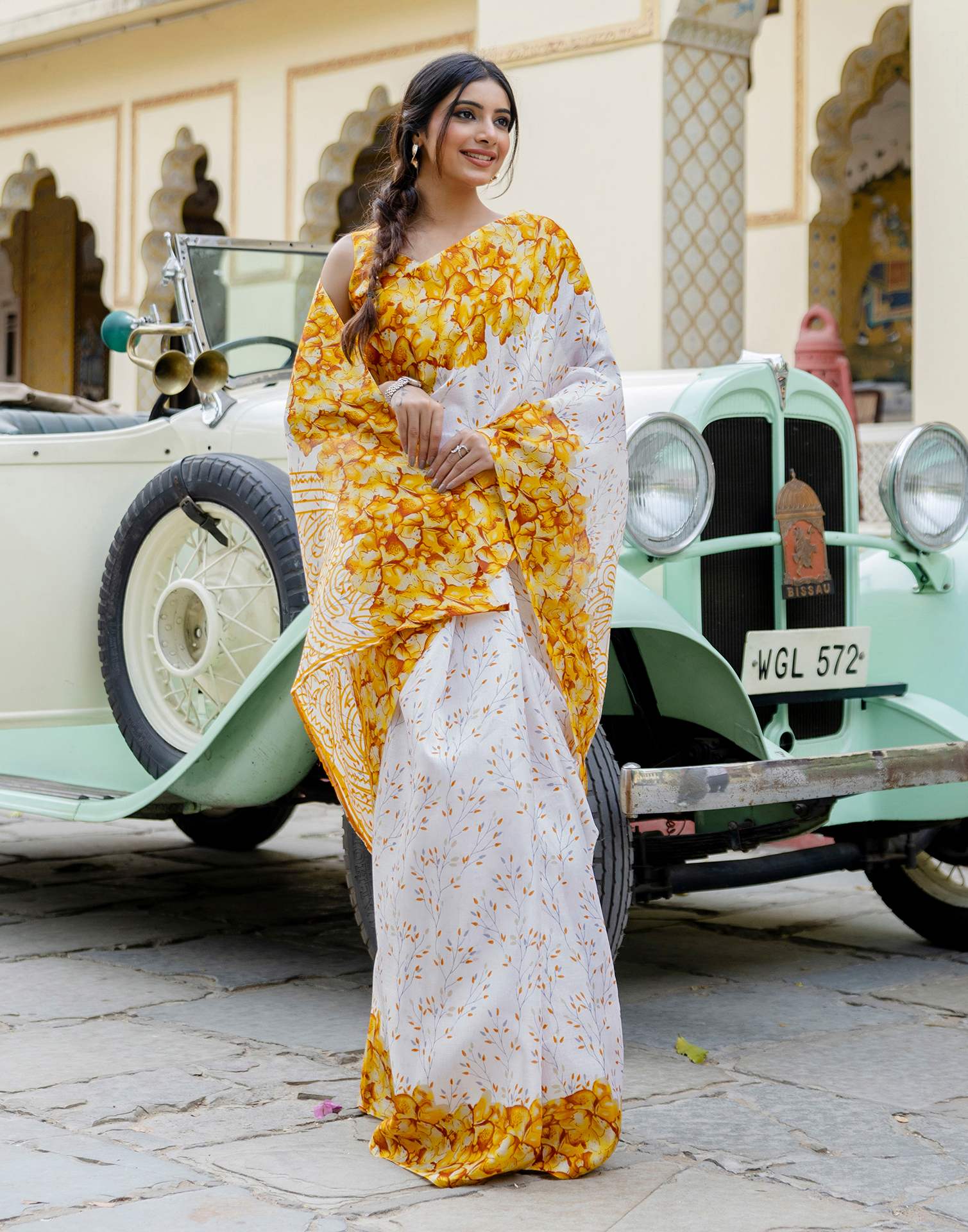 White Khadi Printed Saree - Image 7