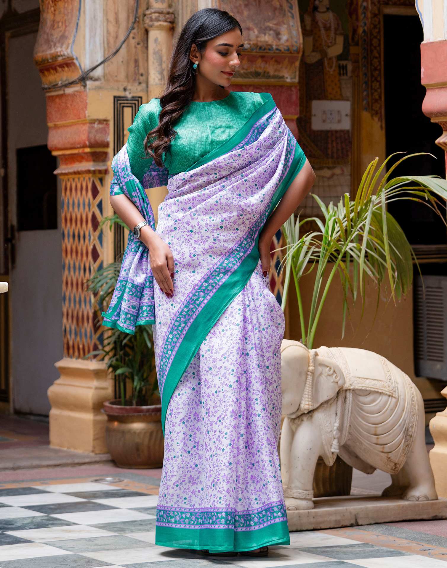 White Khadi Printed Saree - Image 9
