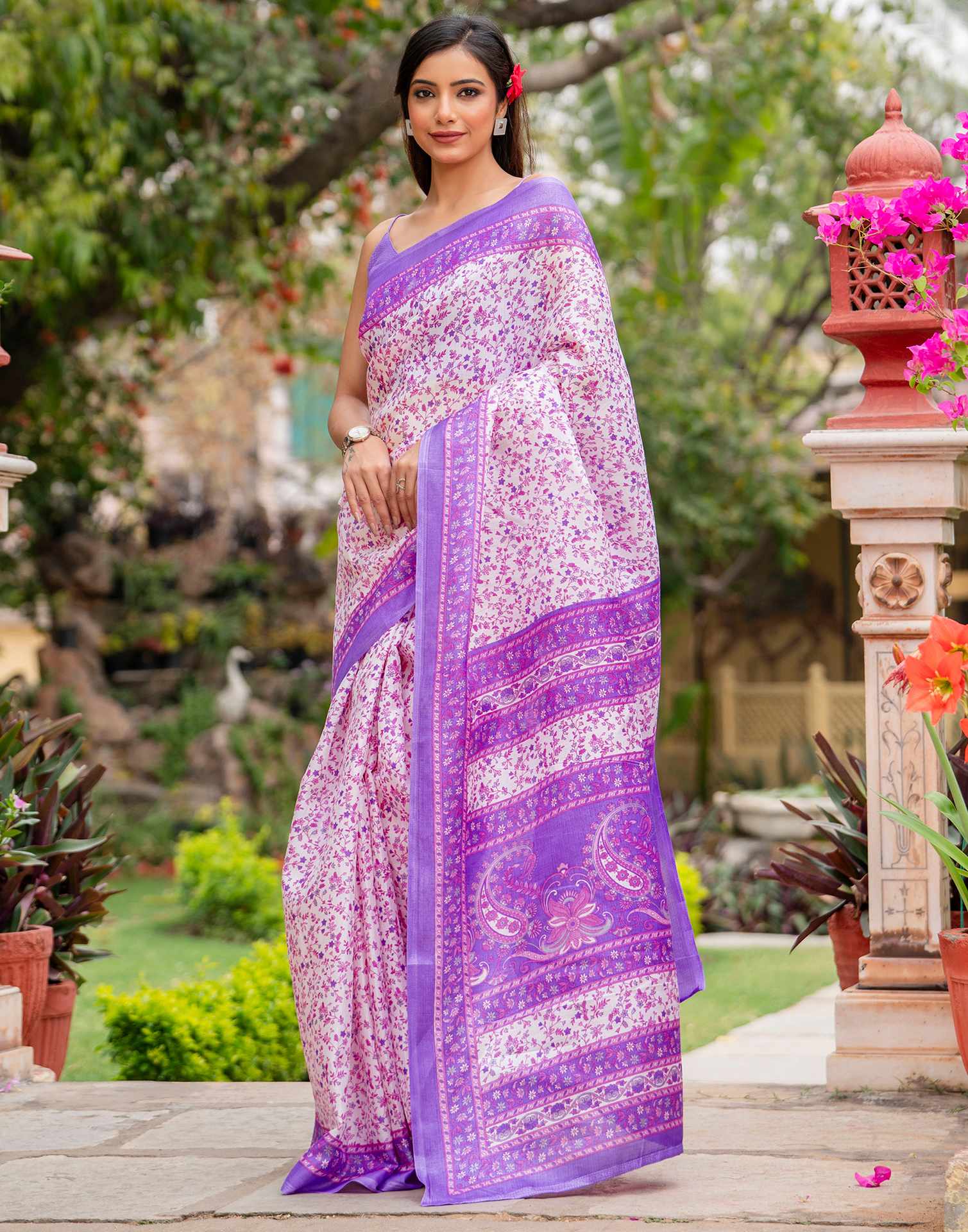 White Khadi Printed Saree - Image 5