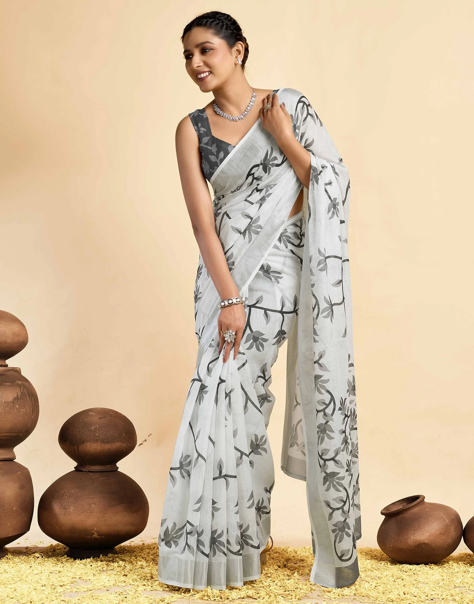 White Linen Floral Printed Saree - Image 5