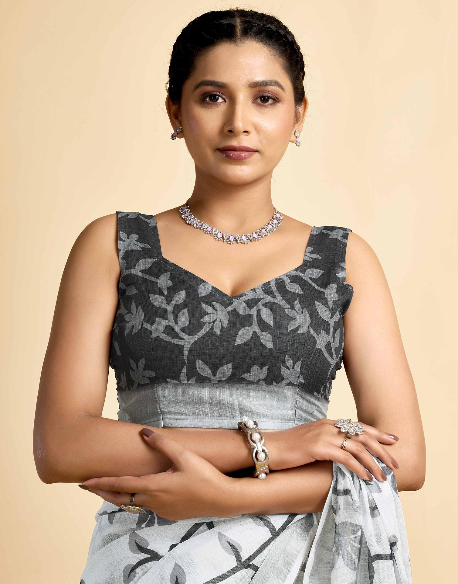 White Linen Floral Printed Saree - Image 9