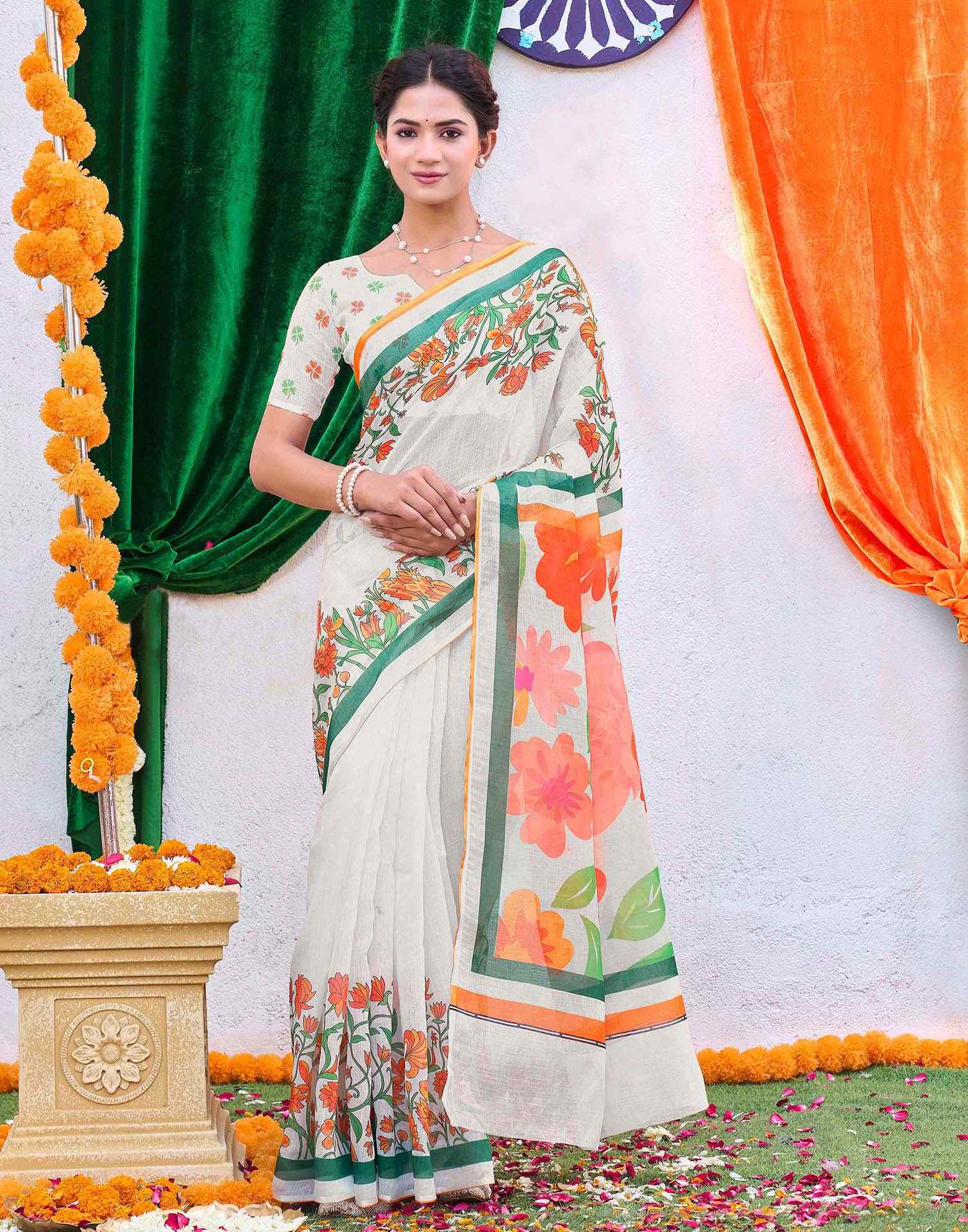 White Linen Floral Printed Saree - Image 2
