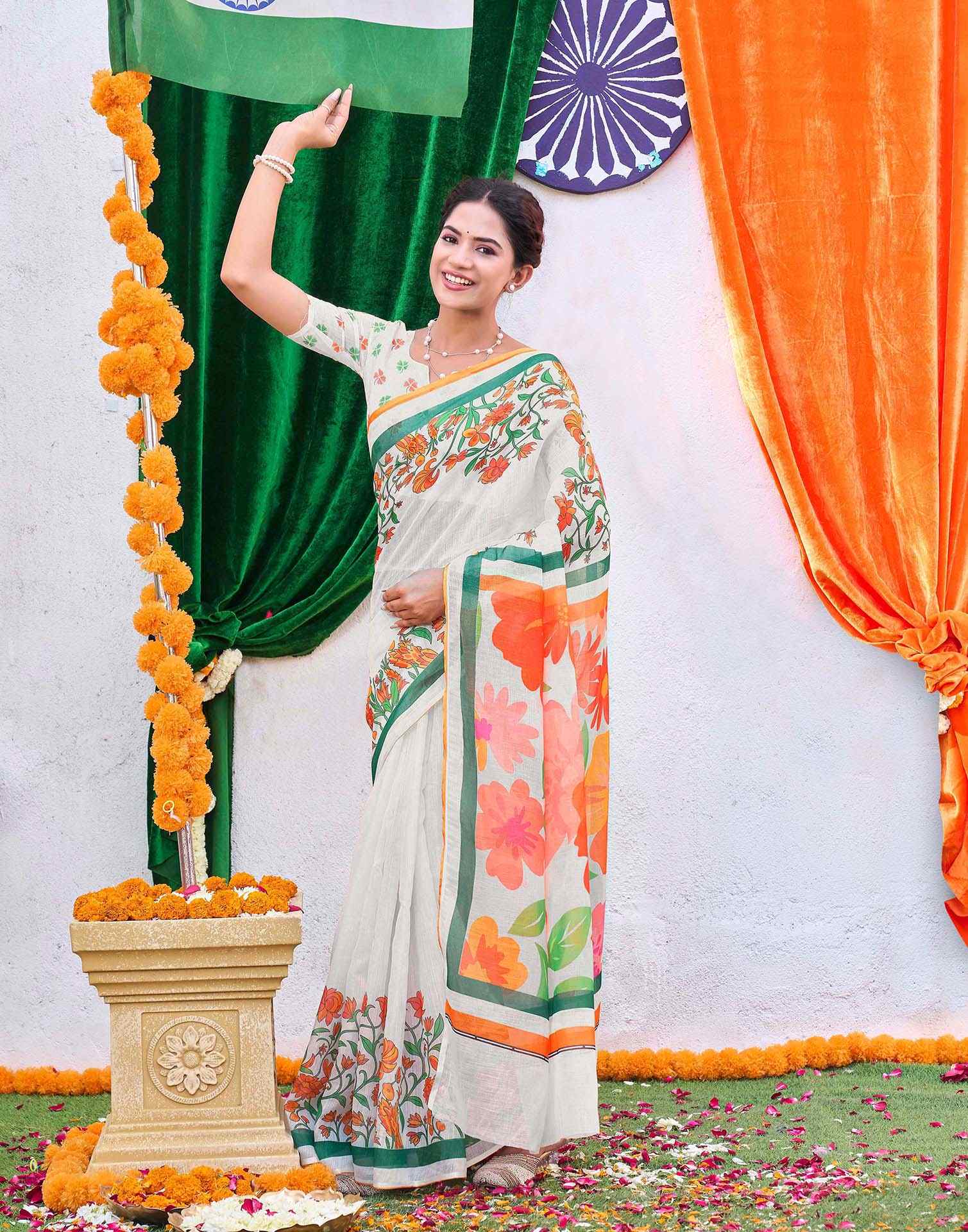 White Linen Floral Printed Saree - Image 4