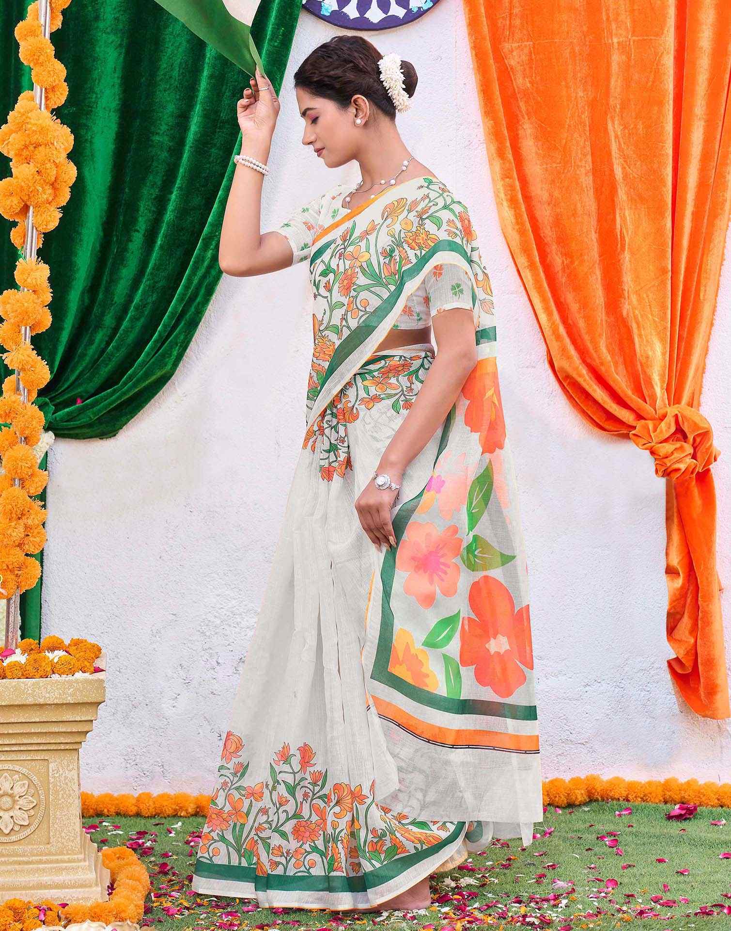 White Linen Floral Printed Saree - Image 5