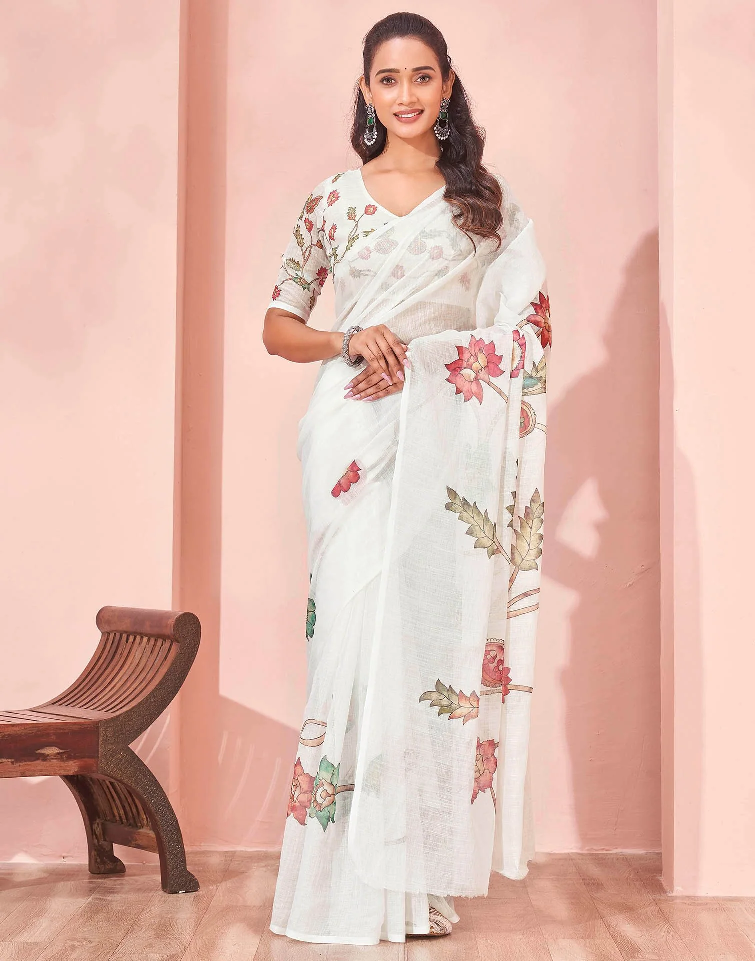 White Linen Floral Printed Saree