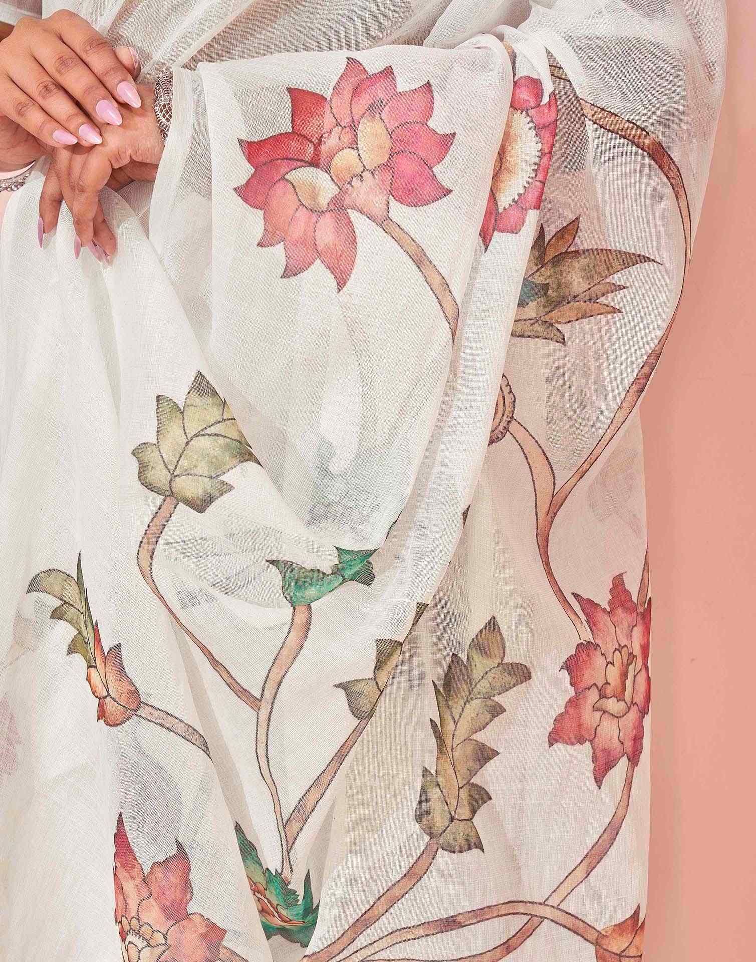 White Linen Floral Printed Saree - Image 11