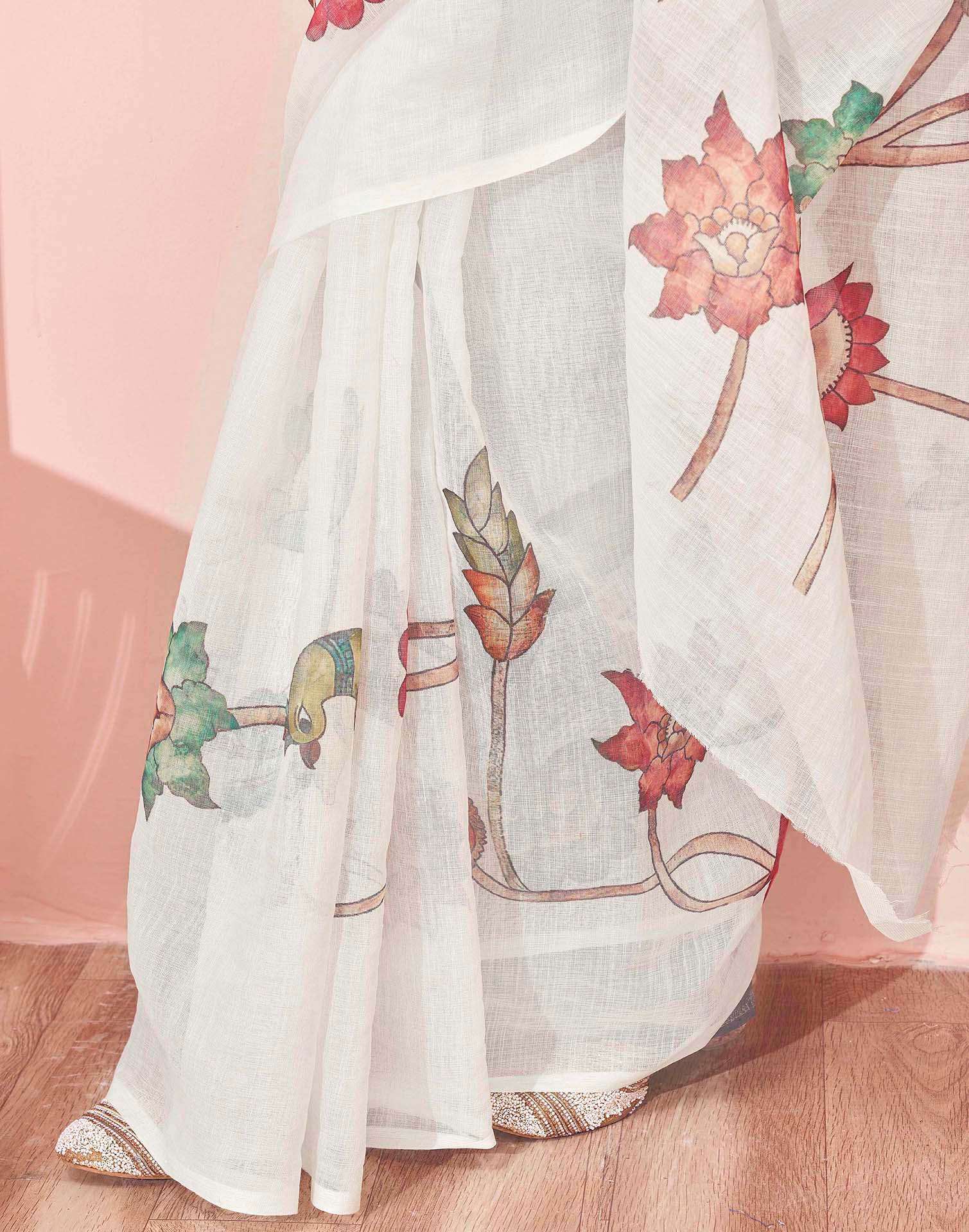 White Linen Floral Printed Saree - Image 12