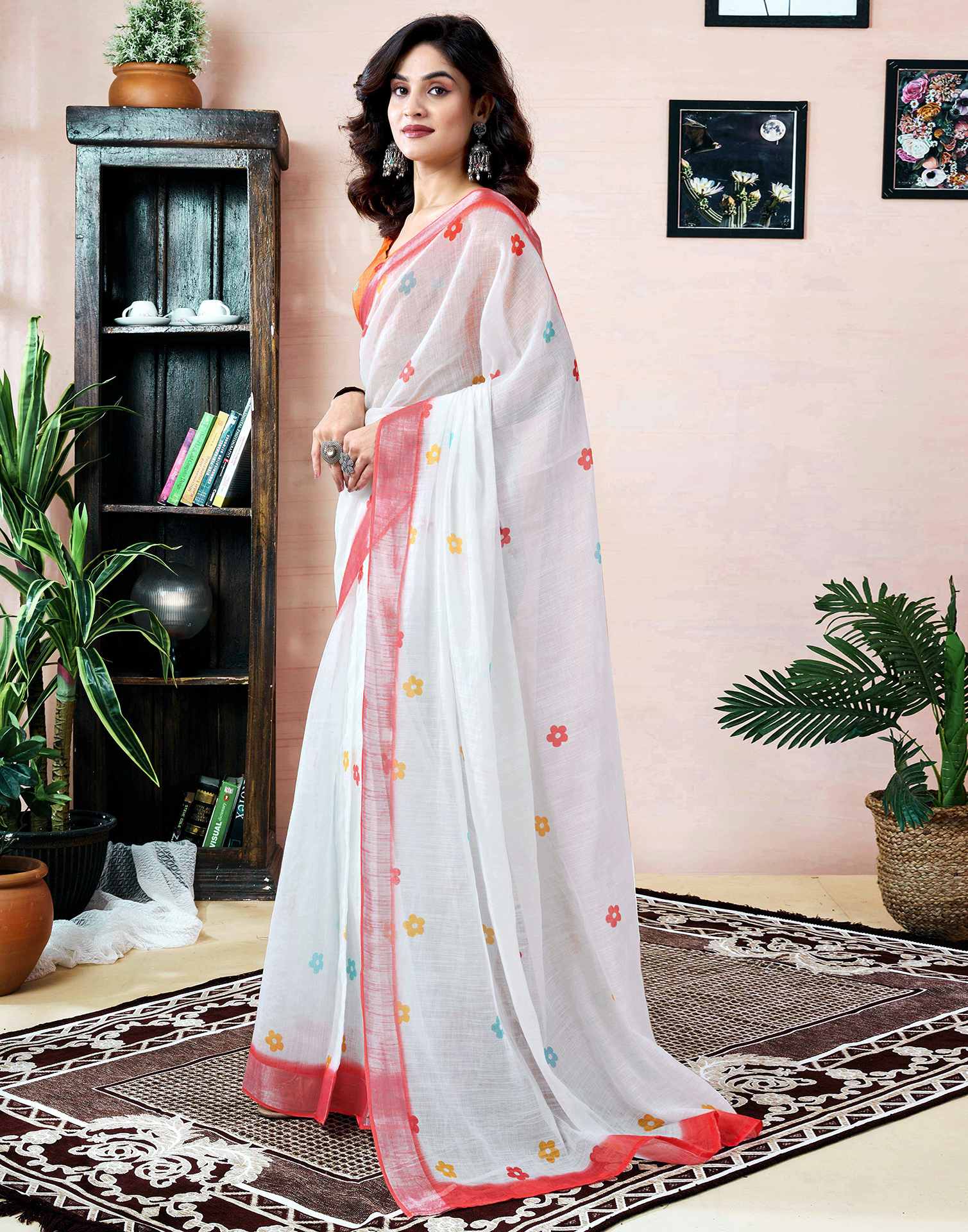 Ready to Wear White Linen Printed Saree With Pocket - Image 7