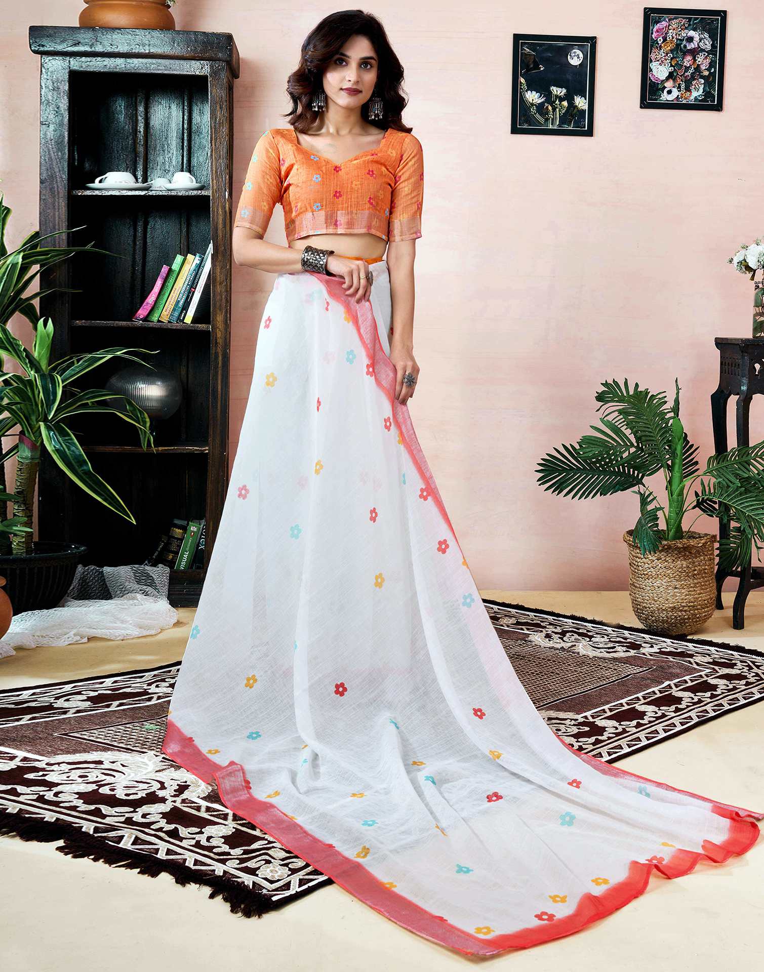 Ready to Wear White Linen Printed Saree With Pocket - Image 8