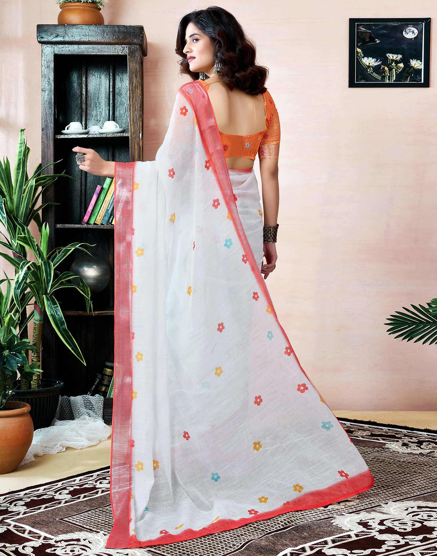 Ready to Wear White Linen Printed Saree With Pocket - Image 9
