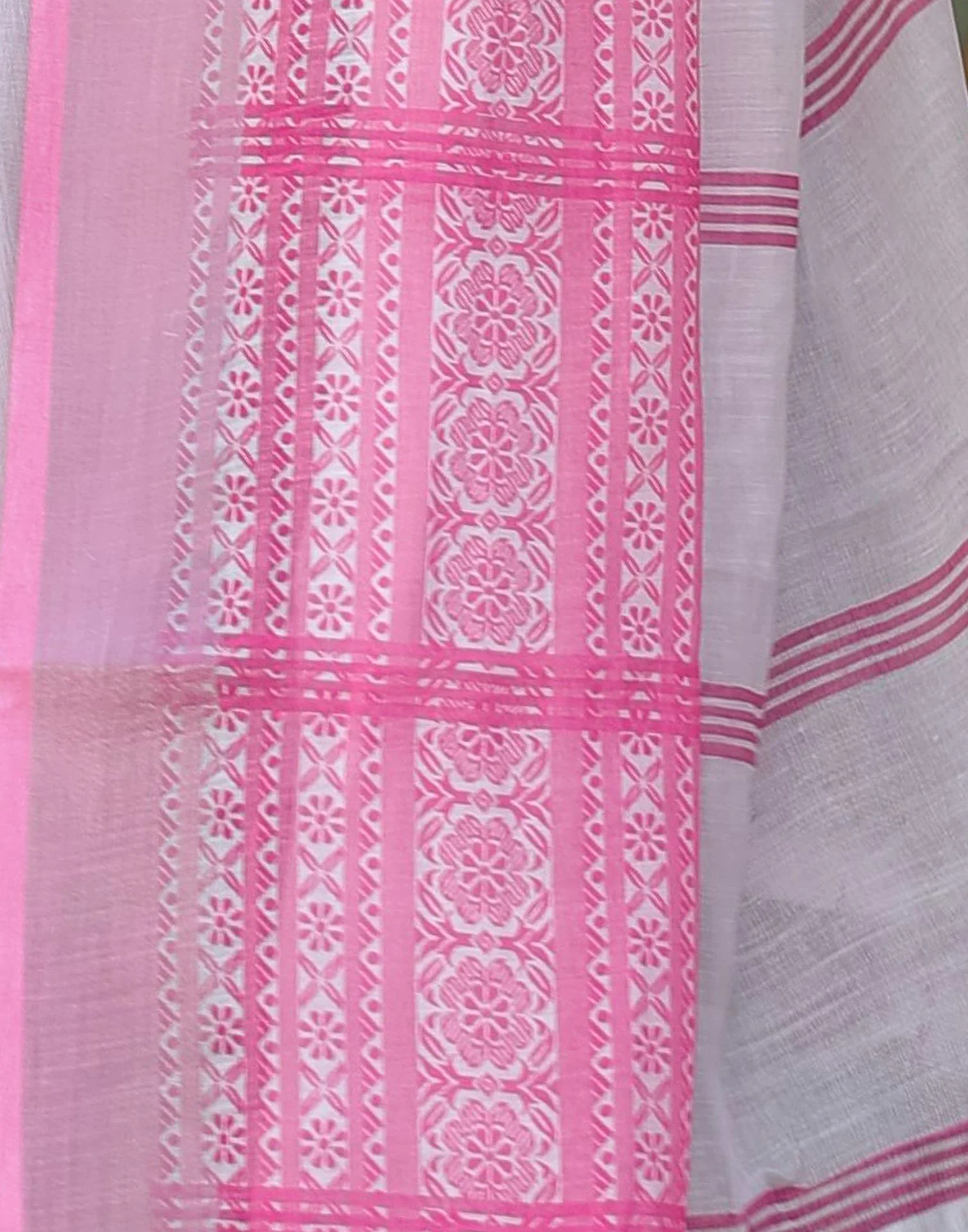 White Linen Printed Saree - Image 7