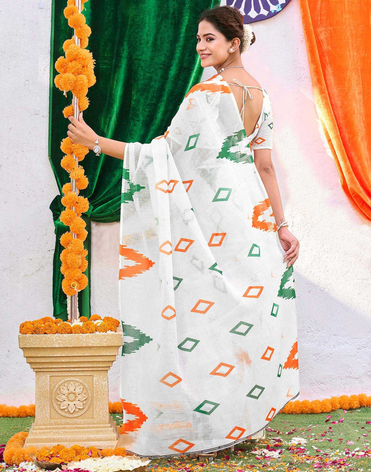 White Linen Printed Saree - Image 6