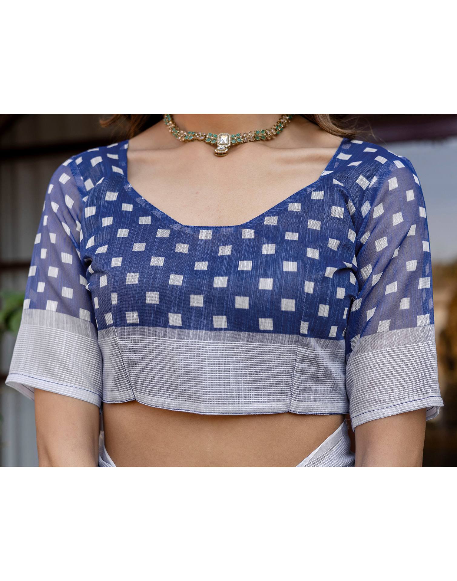 White Linen Printed Saree - Image 12