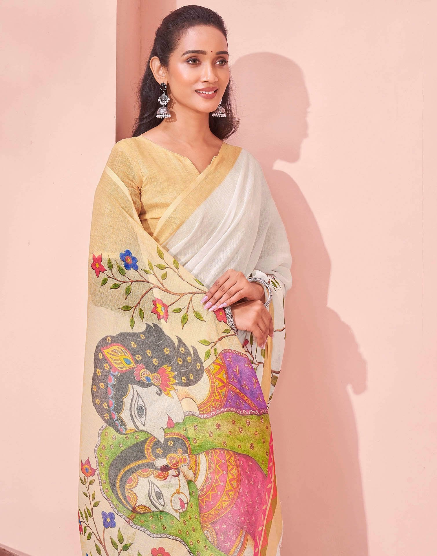 White Linen Kalamkari Printed Saree - Image 2