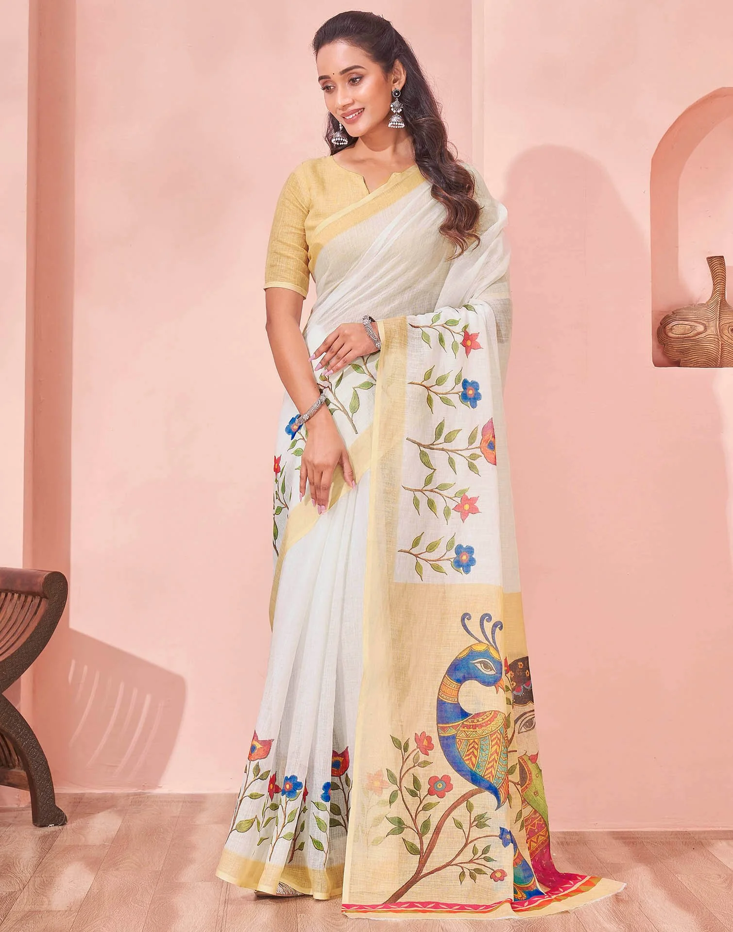 White Linen Kalamkari Printed Saree - Image 3