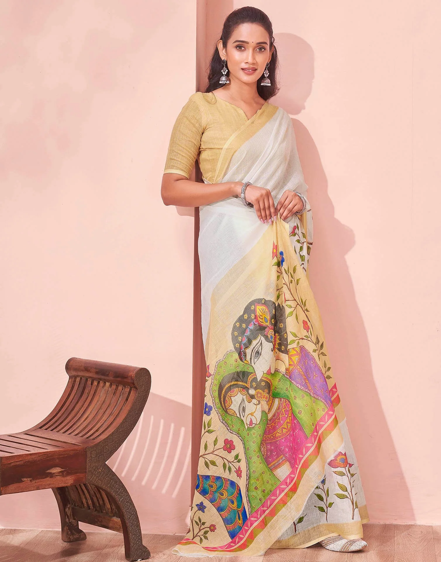 White Linen Kalamkari Printed Saree - Image 5