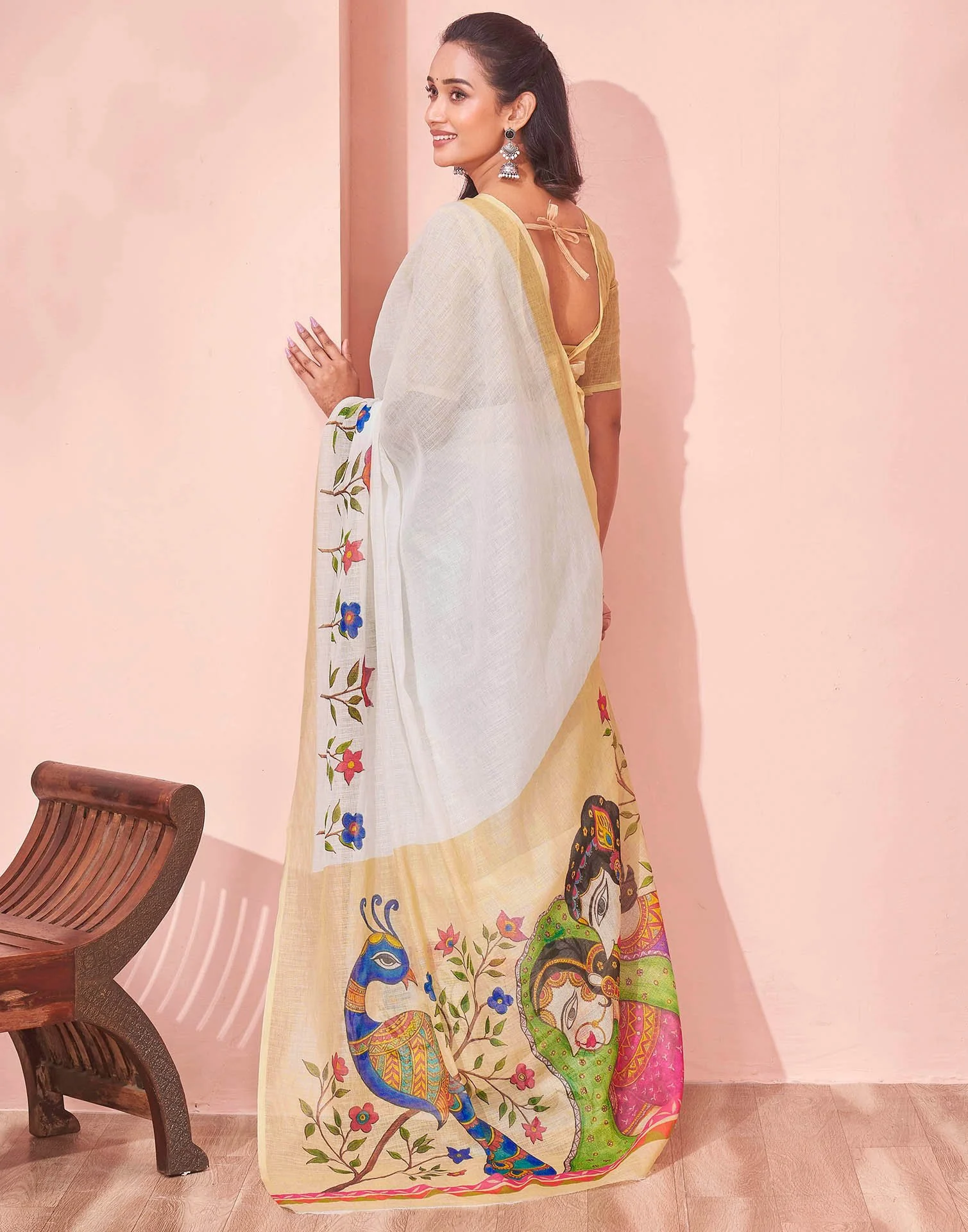 White Linen Kalamkari Printed Saree - Image 6