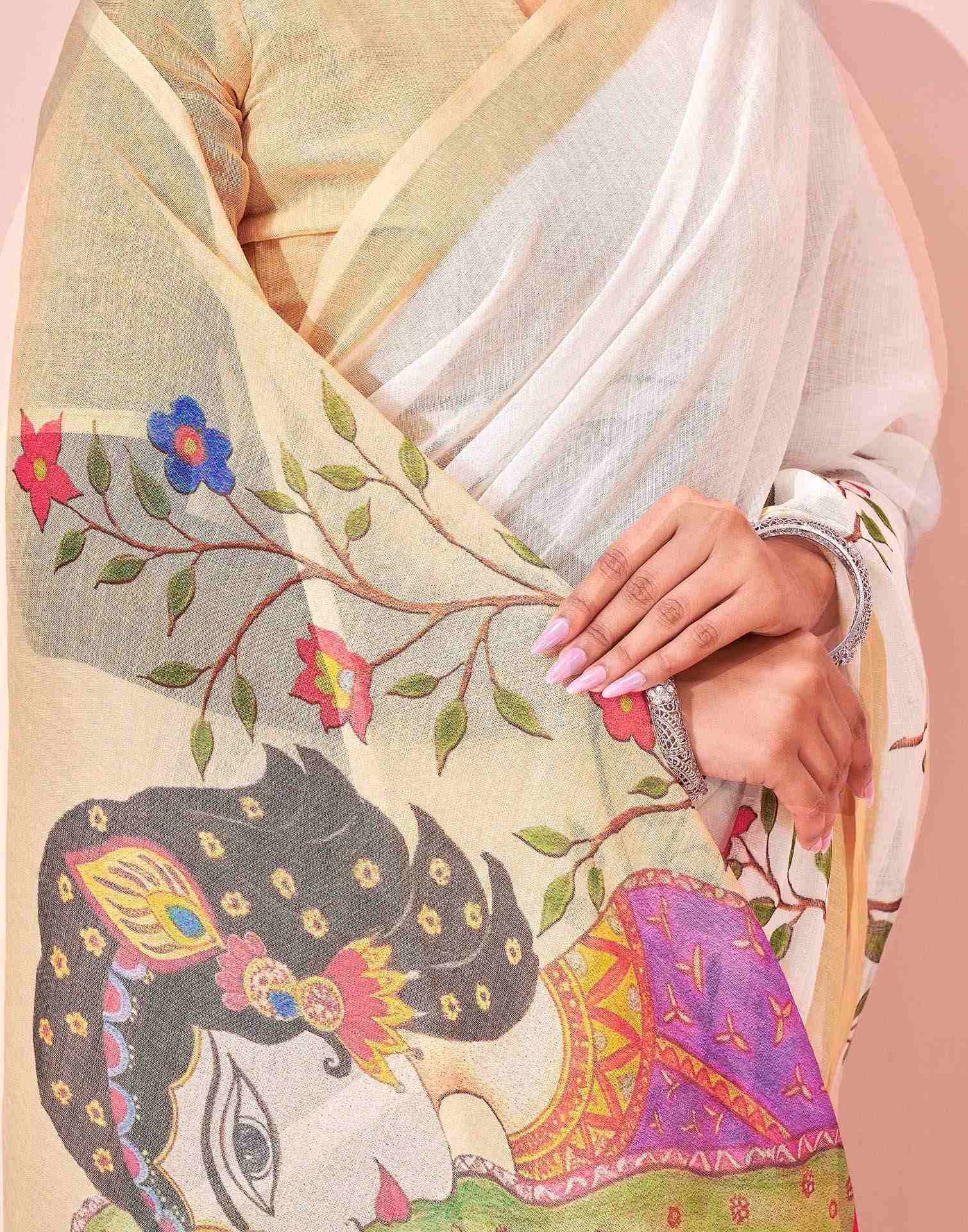 White Linen Kalamkari Printed Saree - Image 7