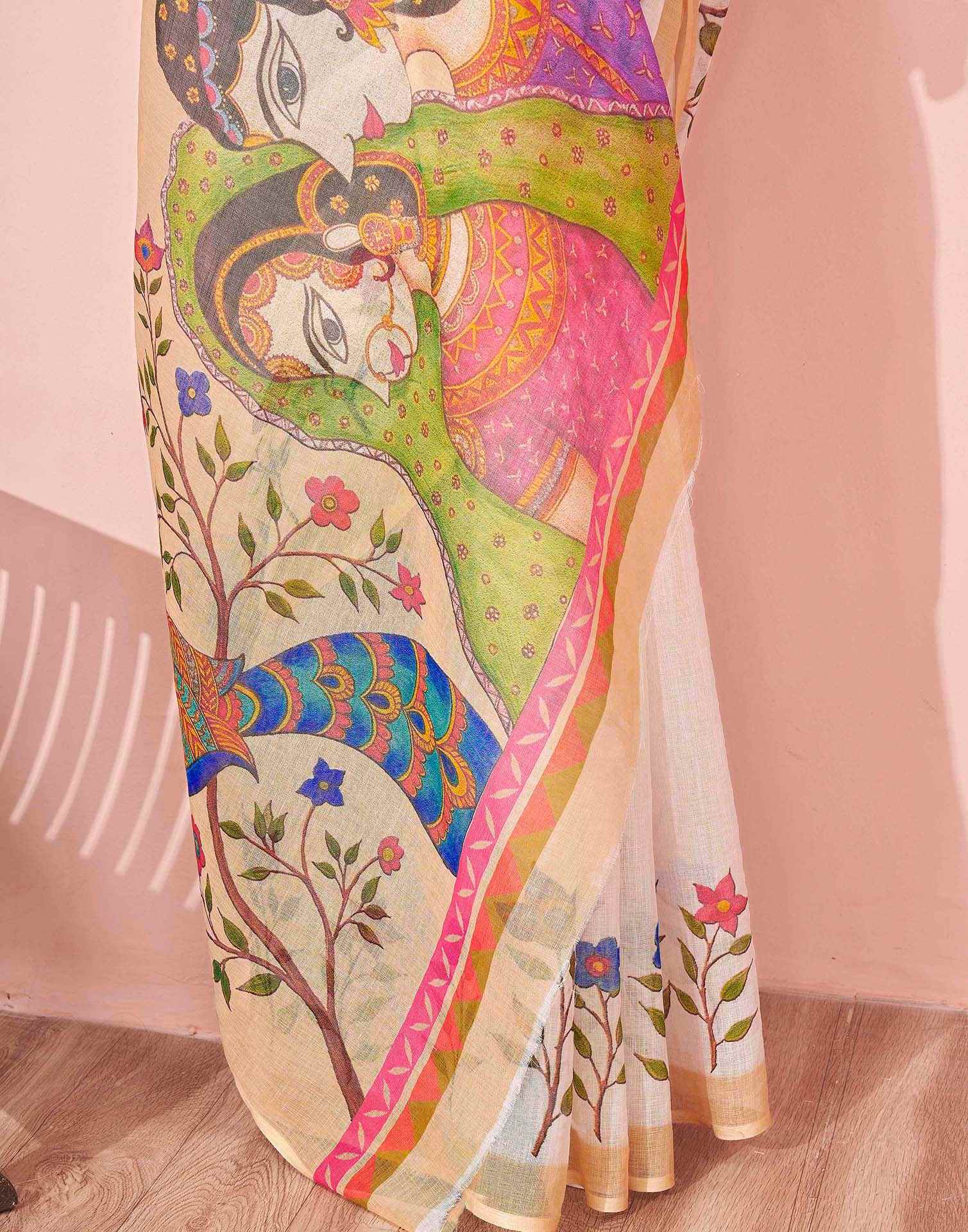 White Linen Kalamkari Printed Saree - Image 8