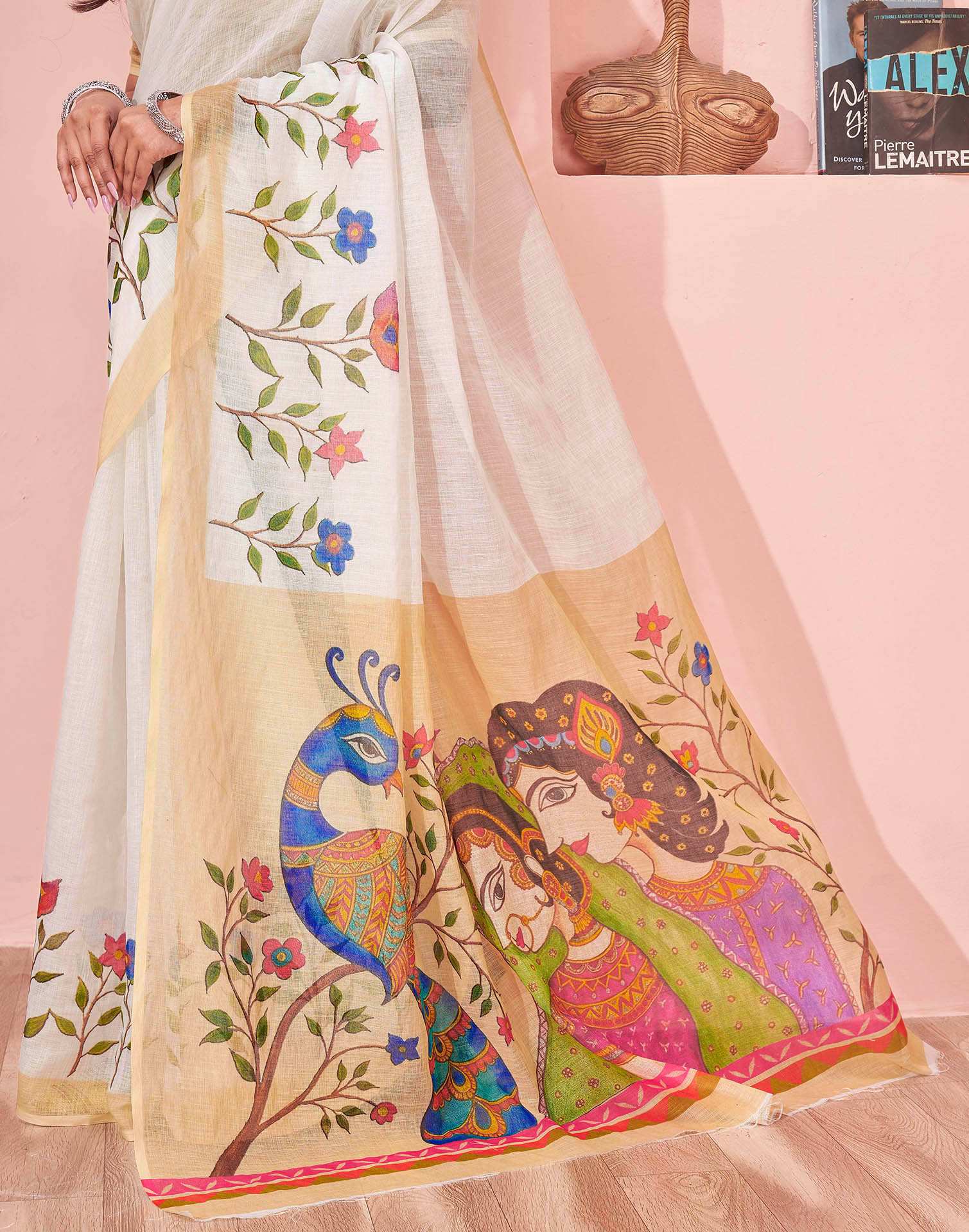 White Linen Kalamkari Printed Saree - Image 9