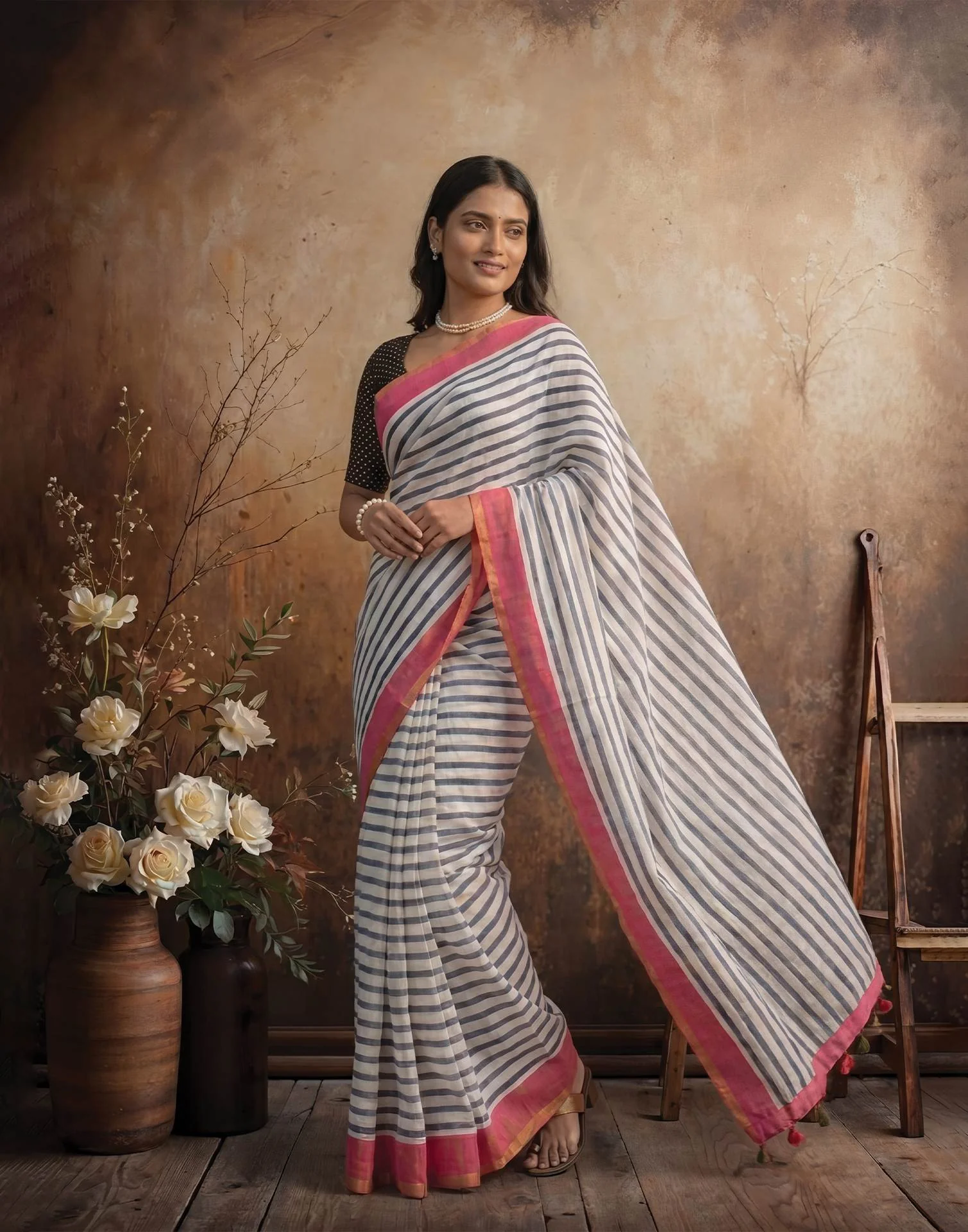 White Linen Printed Zari Border Saree - Image 4