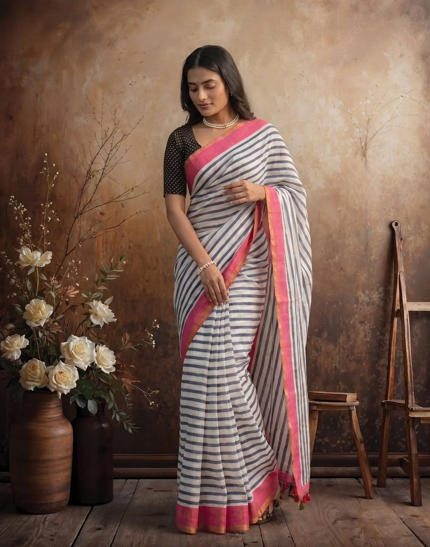 White Linen Printed Zari Border Saree - Image 5