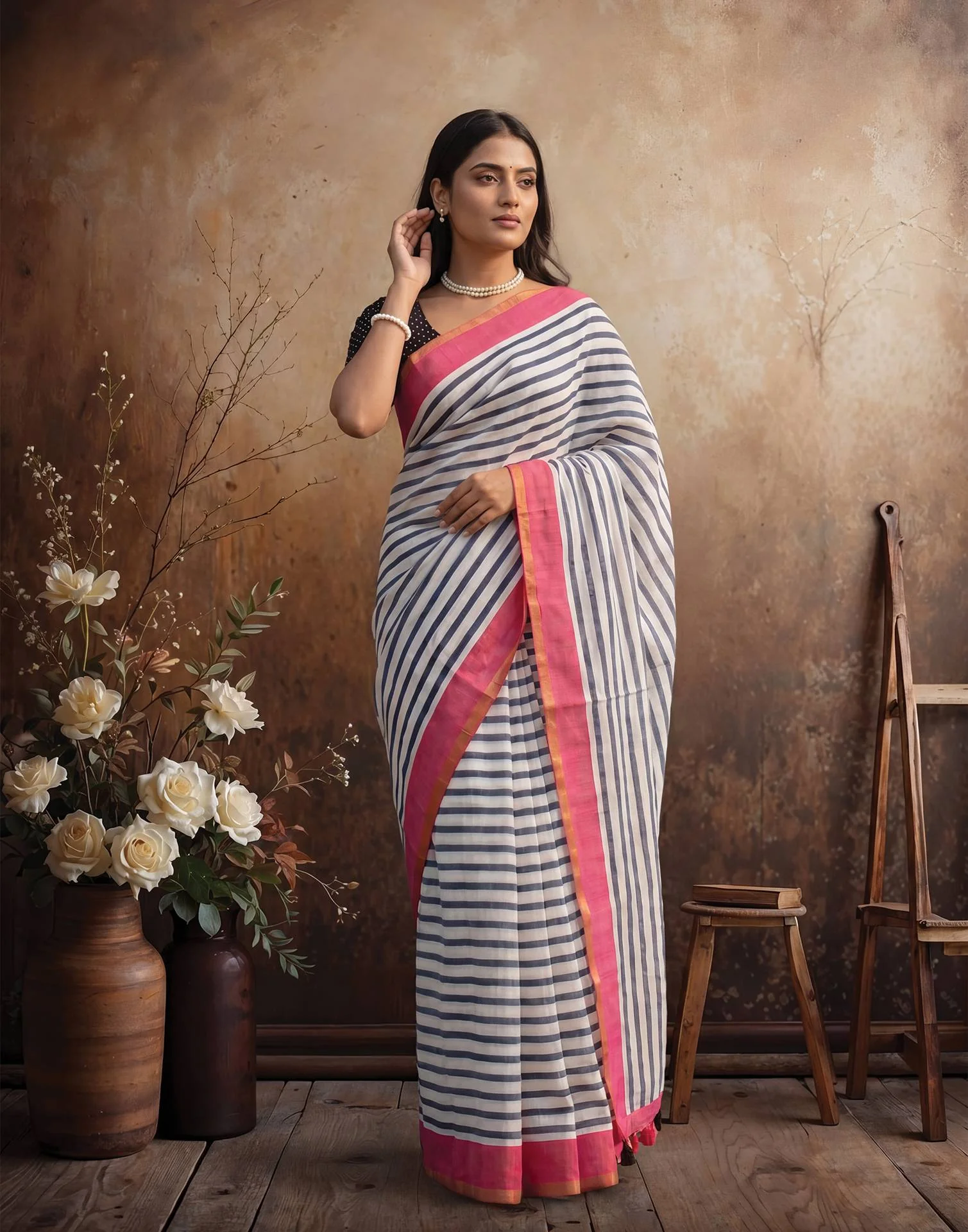 White Linen Printed Zari Border Saree - Image 7