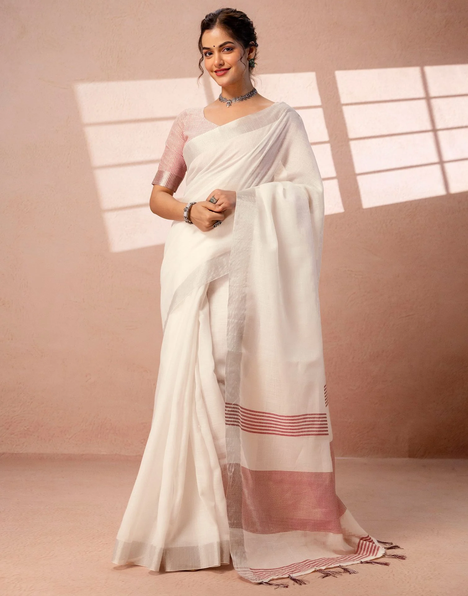 White Linen Woven Border Saree