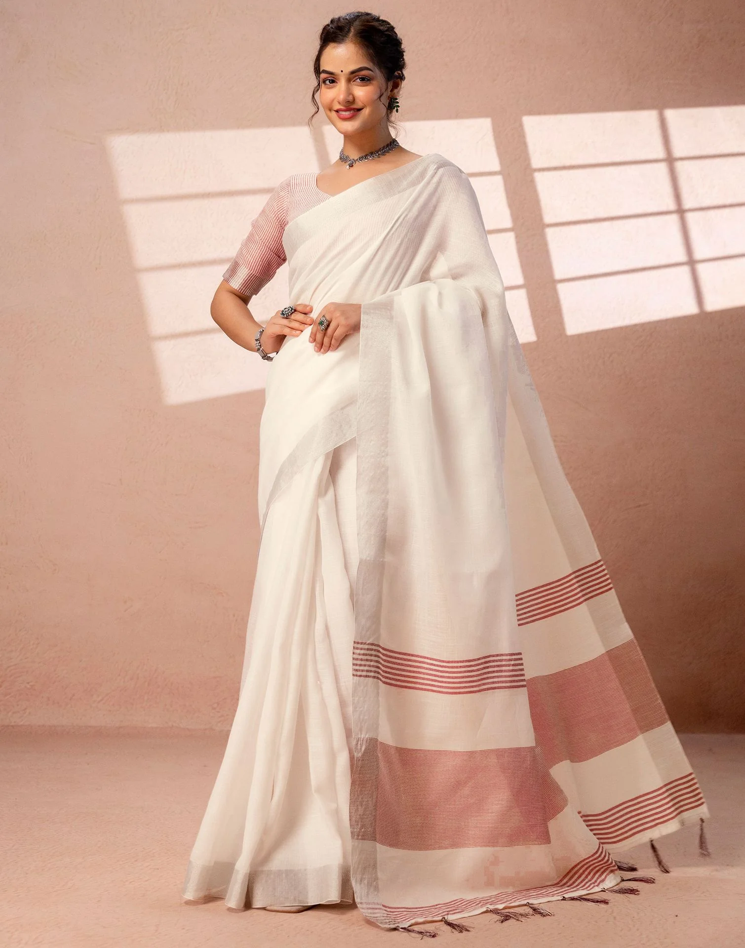 White Linen Woven Border Saree - Image 7