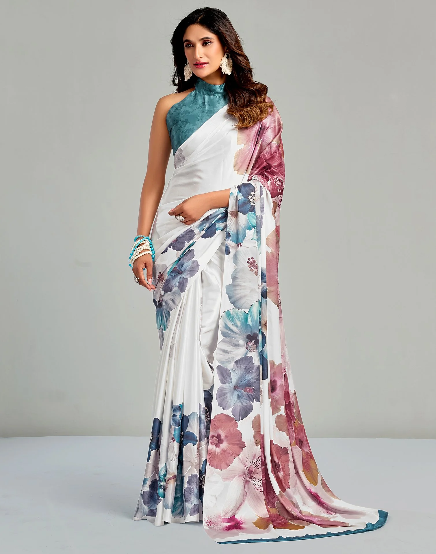 White Satin Floral Printed Saree - Image 2