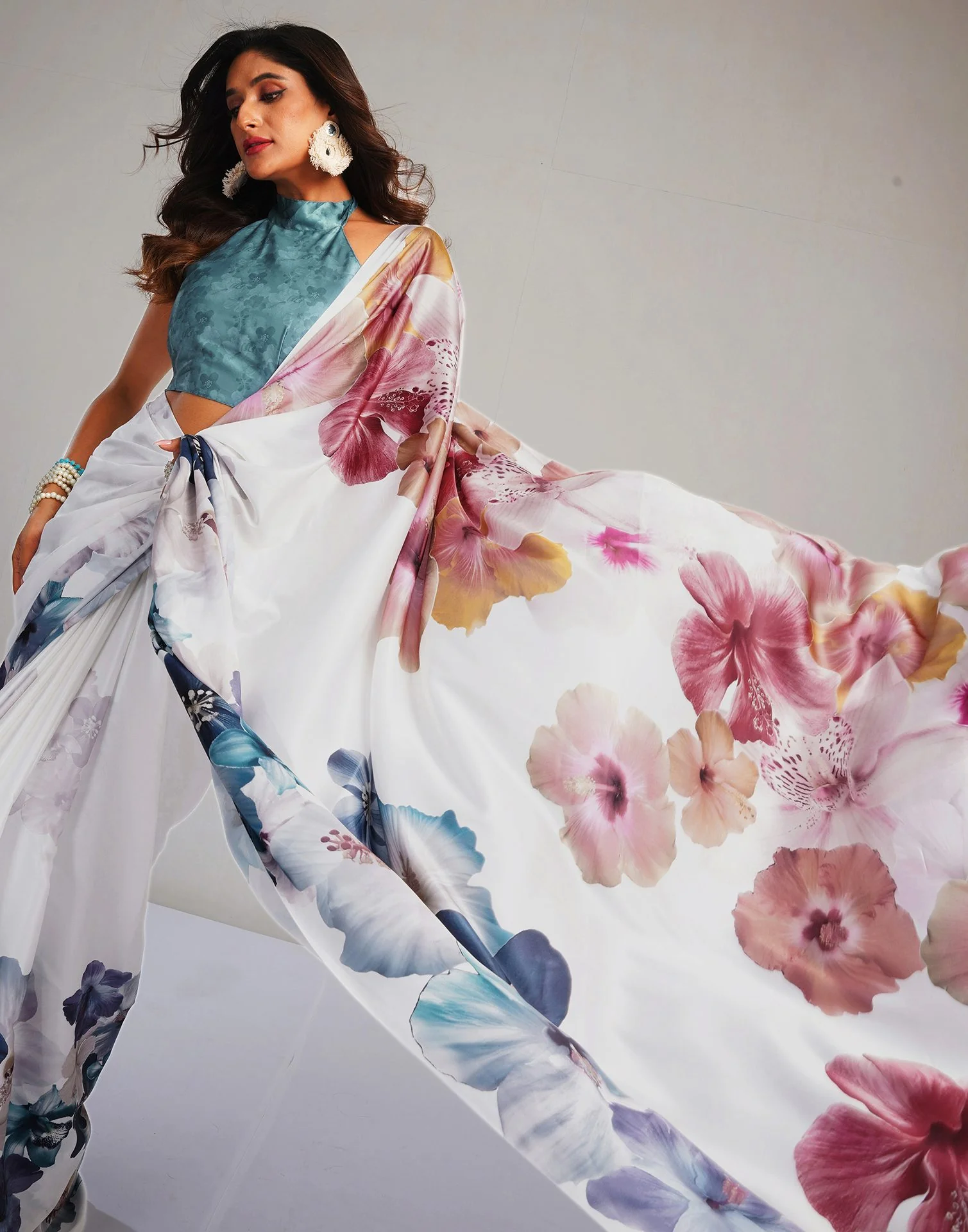 White Satin Floral Printed Saree - Image 6
