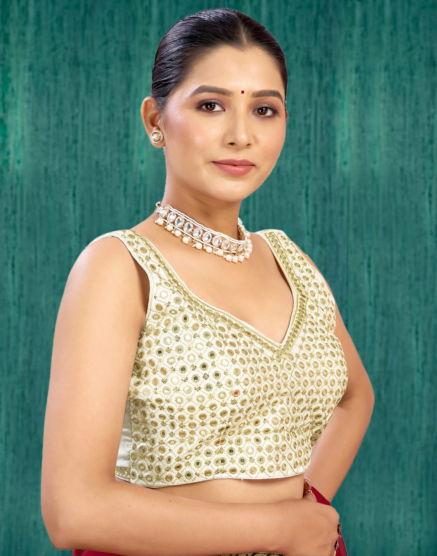 White Silk Mirror Work Blouse - Image 5