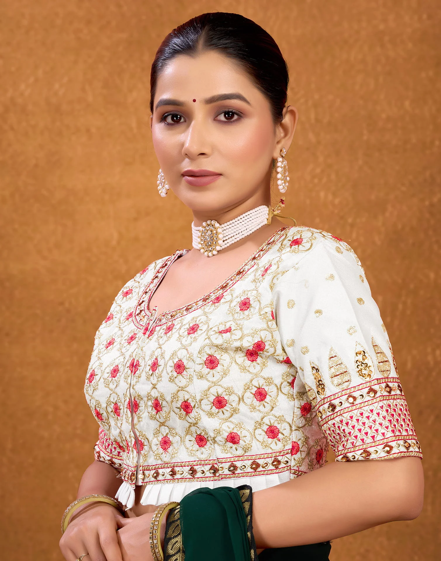White Silk Sequence Embroidery Blouse - Image 4