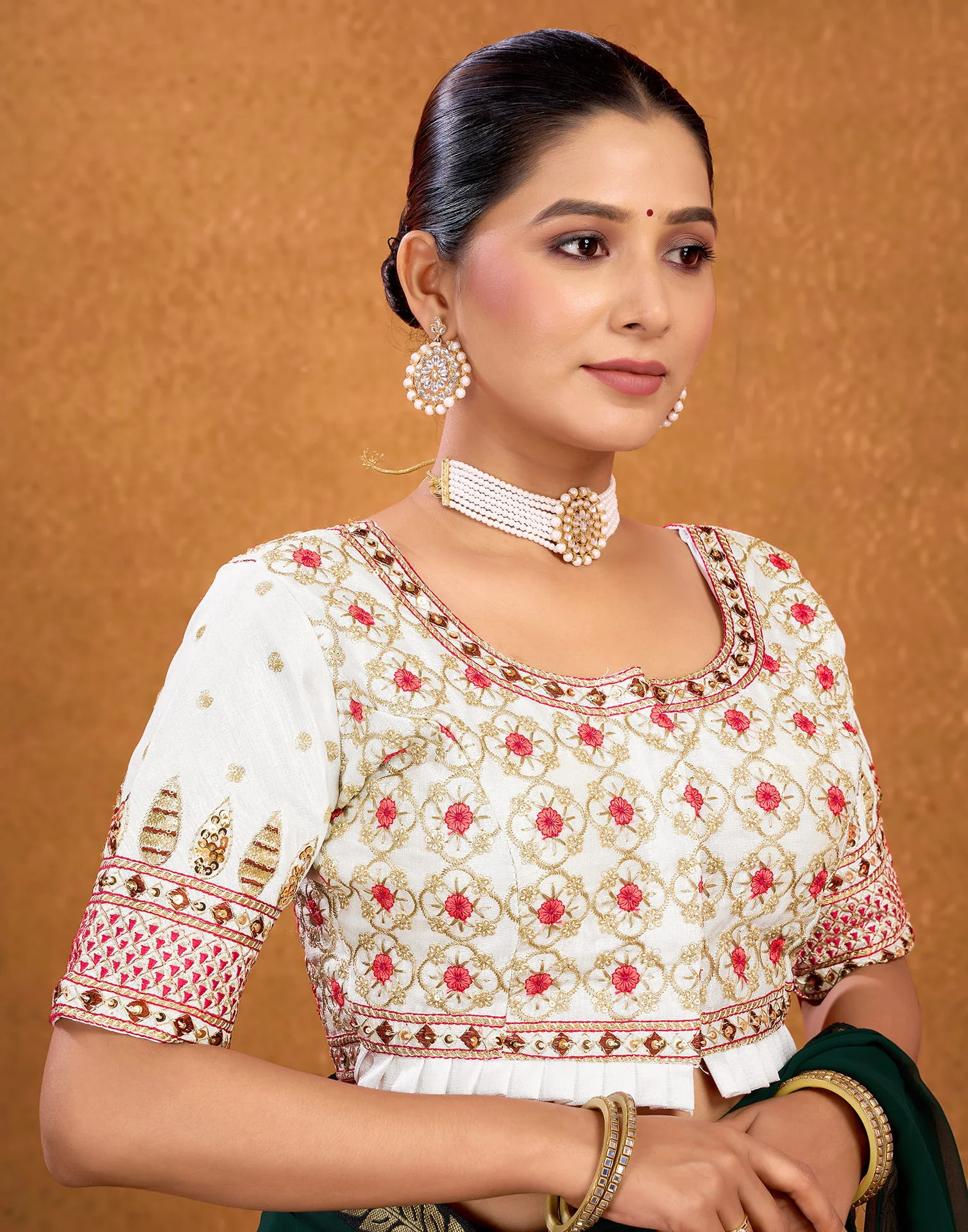 White Silk Sequence Embroidery Blouse - Image 5