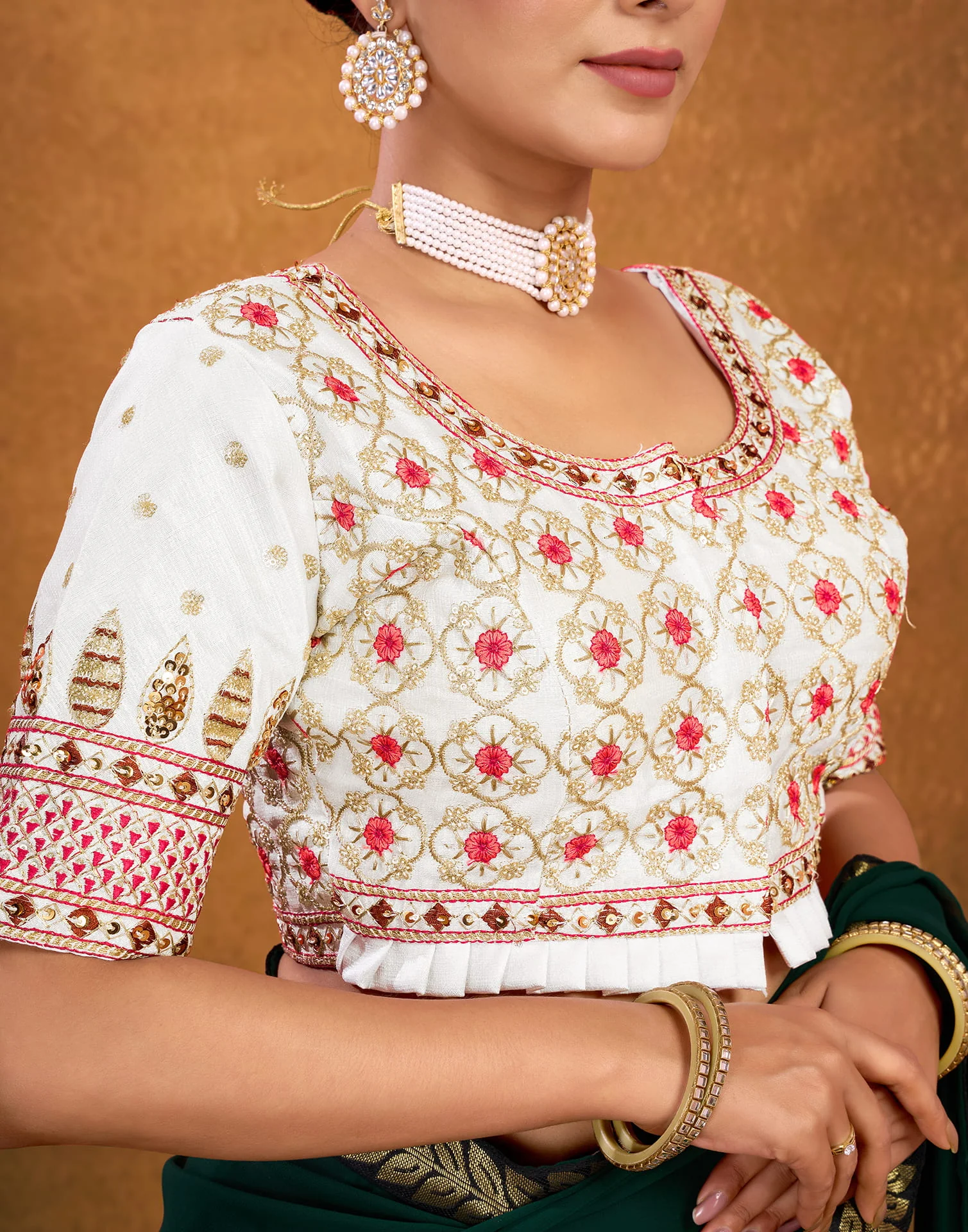 White Silk Sequence Embroidery Blouse - Image 6