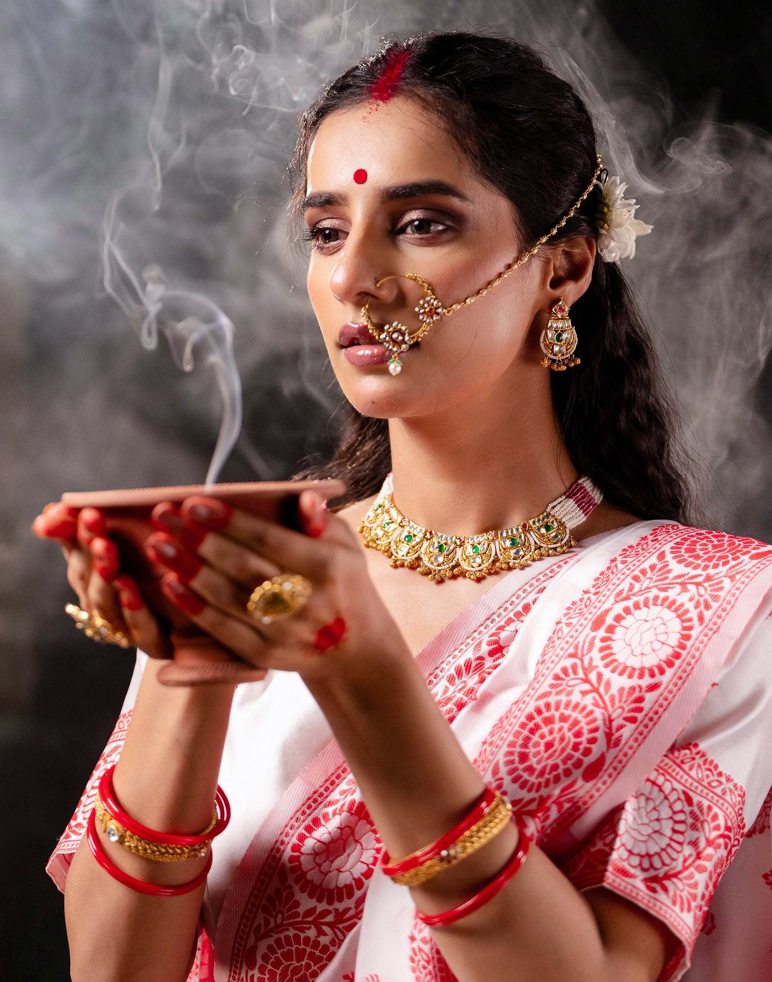 White Silk Woven Durga Puja Saree - Image 2