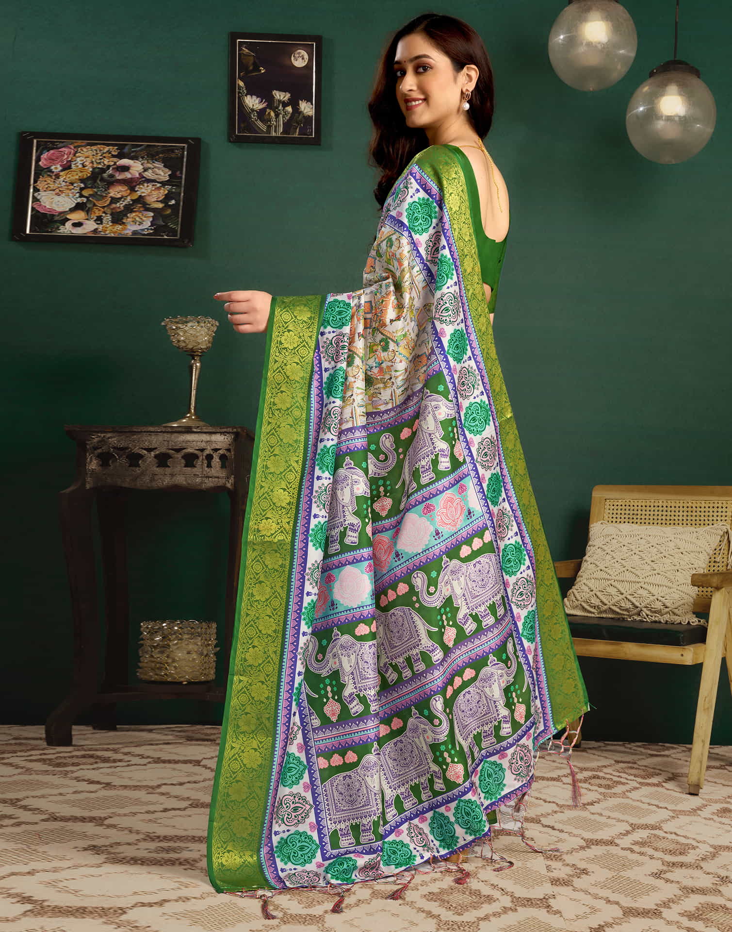 White Tussar Silk Printed Kalamkari Saree - Image 5