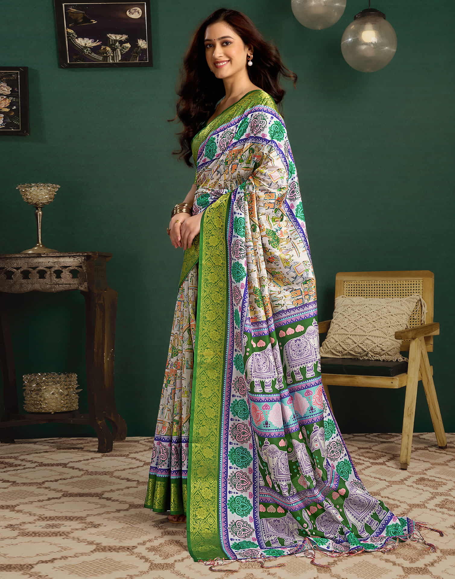 White Tussar Silk Printed Kalamkari Saree - Image 6