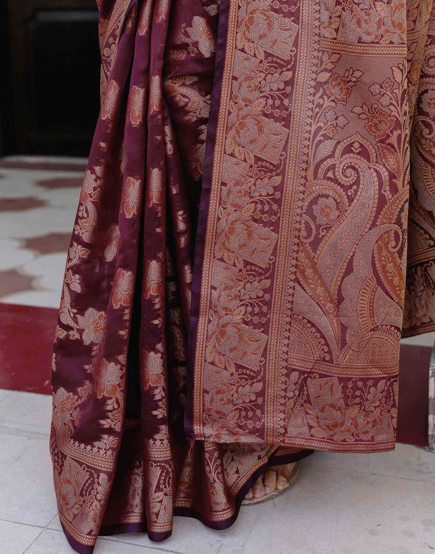 Wine Chanderi Woven Banarasi Saree - Image 11