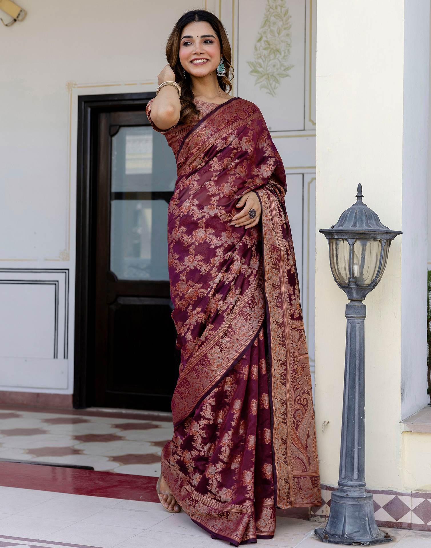 Wine Chanderi Woven Banarasi Saree - Image 6